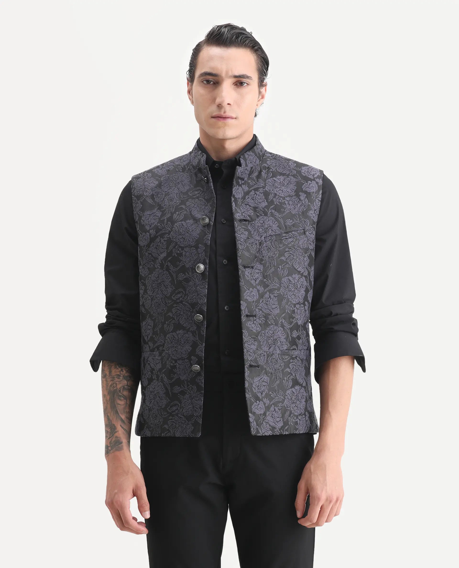 Rare Rabbit Men's Colac Dark Navy Polyester Jacquard Tailored Fit Sleeveless Mandarin Collar Bandhgala