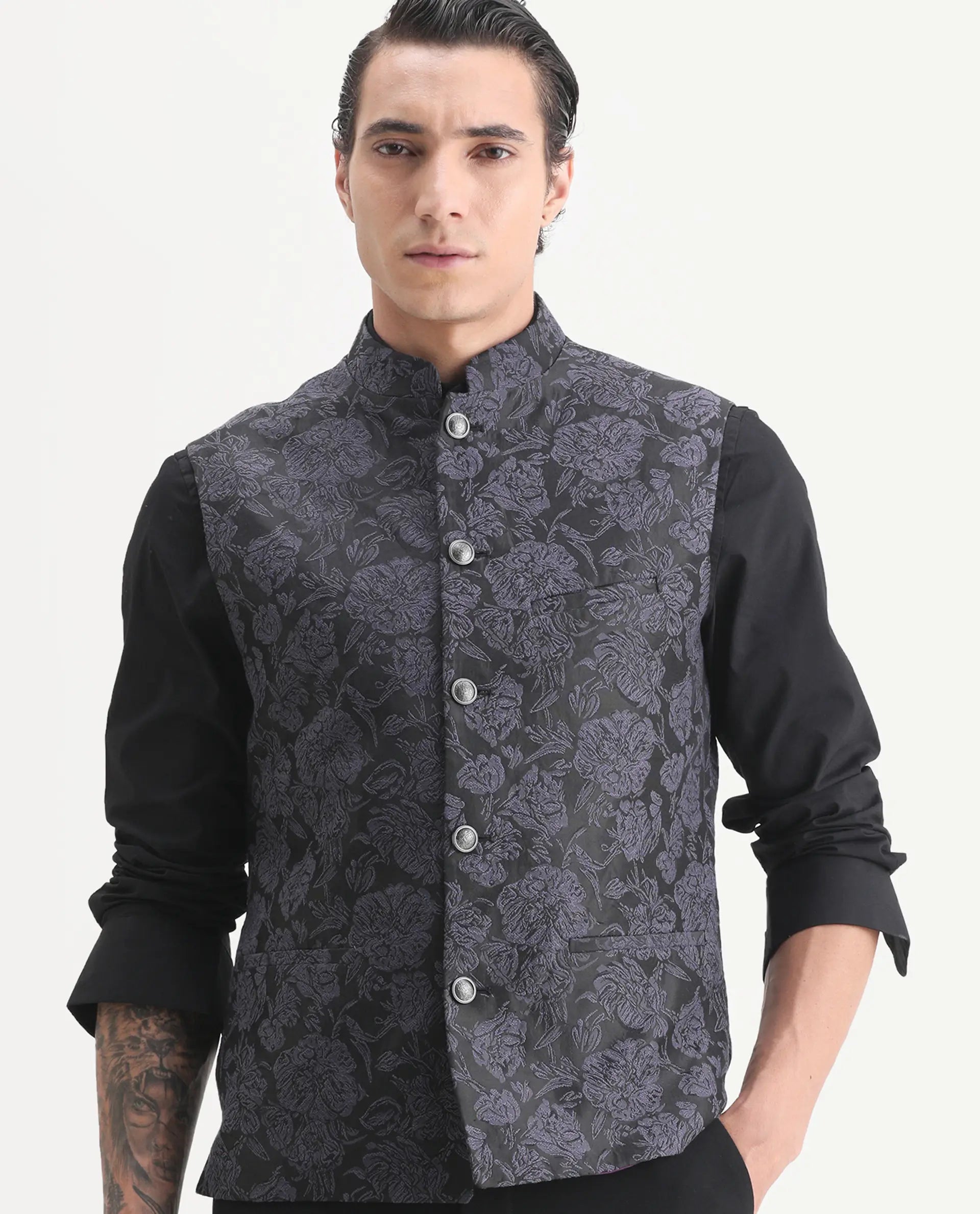 Rare Rabbit Men's Colac Dark Navy Polyester Jacquard Tailored Fit Sleeveless Mandarin Collar Bandhgala