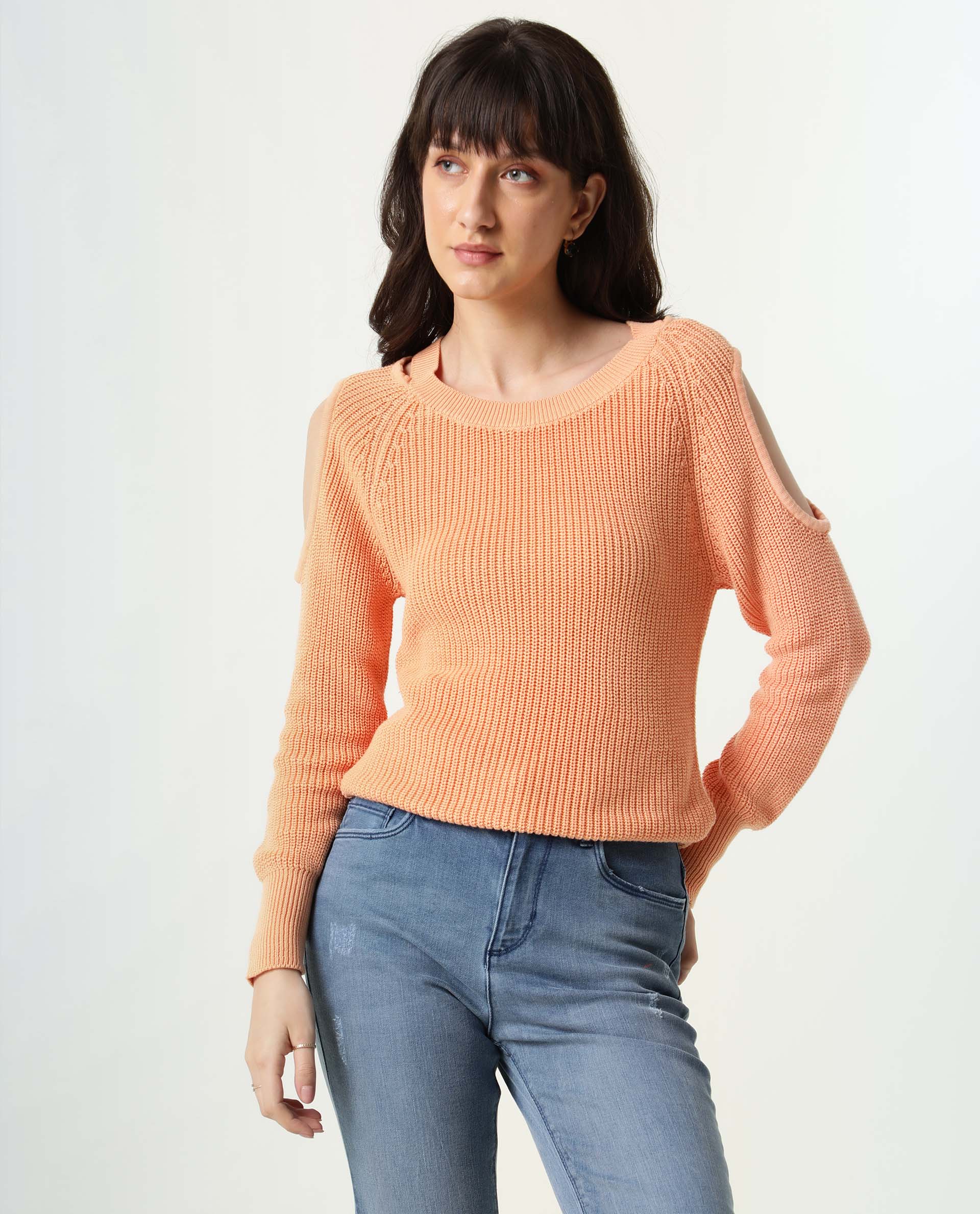 Rareism Women Cold Orange Cotton Fabric Full Sleeves Slim Fit Solid Boat Neck Sweater