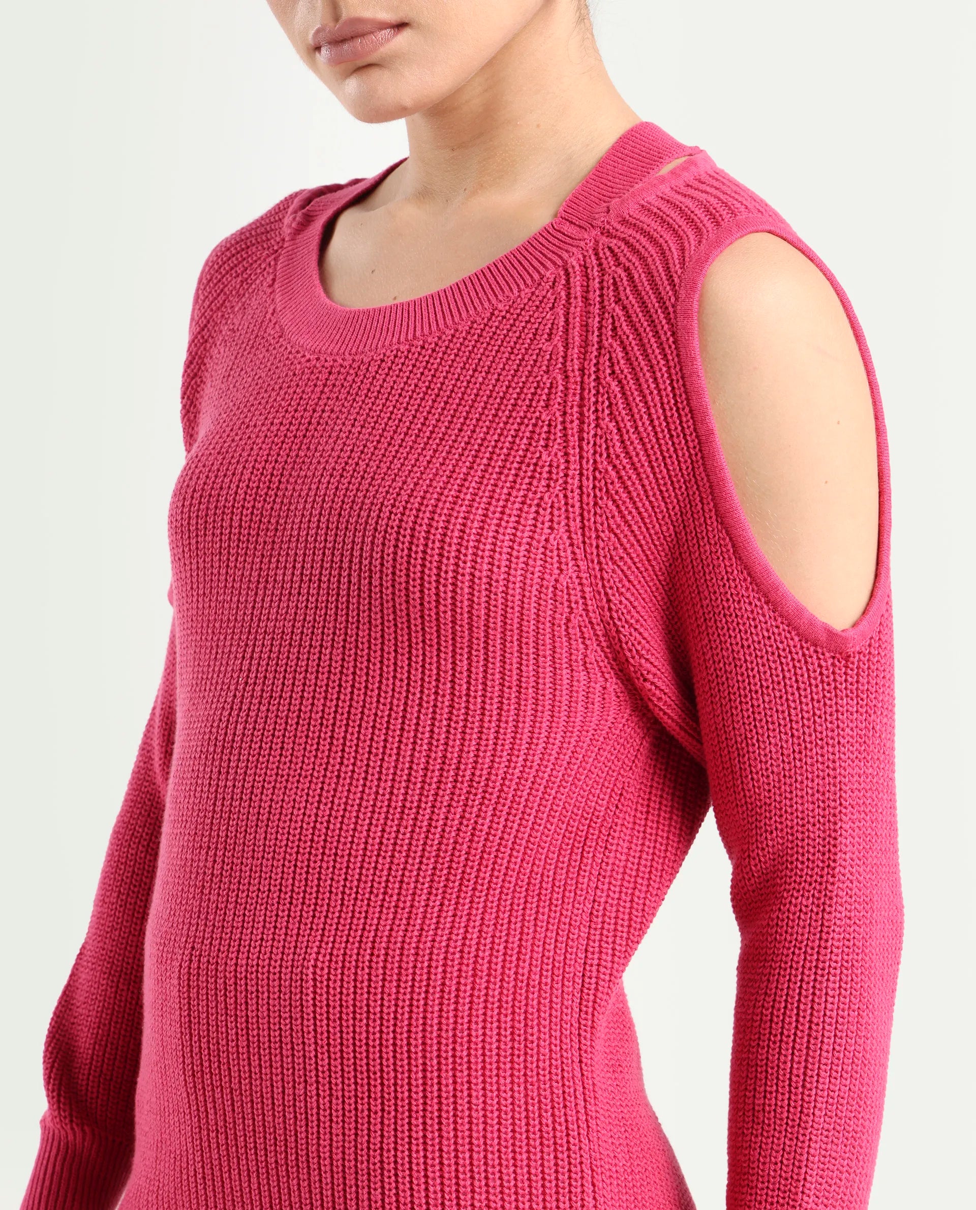Rareism Women's Cold Pink Cotton Boat Neck Plain Slim Fit Sweater