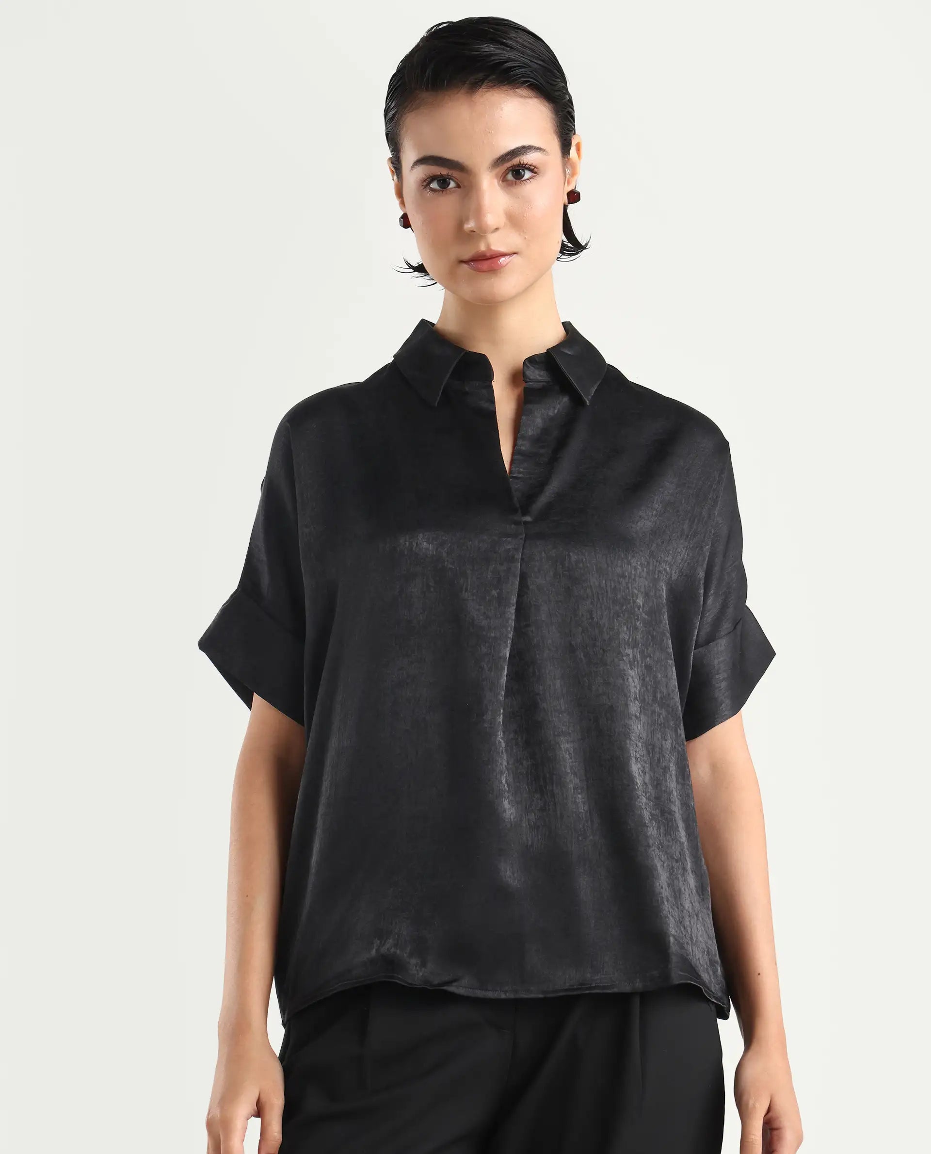 Rareism Women's Cole Black Polyester Drop Collar Plain Extended Sleeves Boxy Fit Top