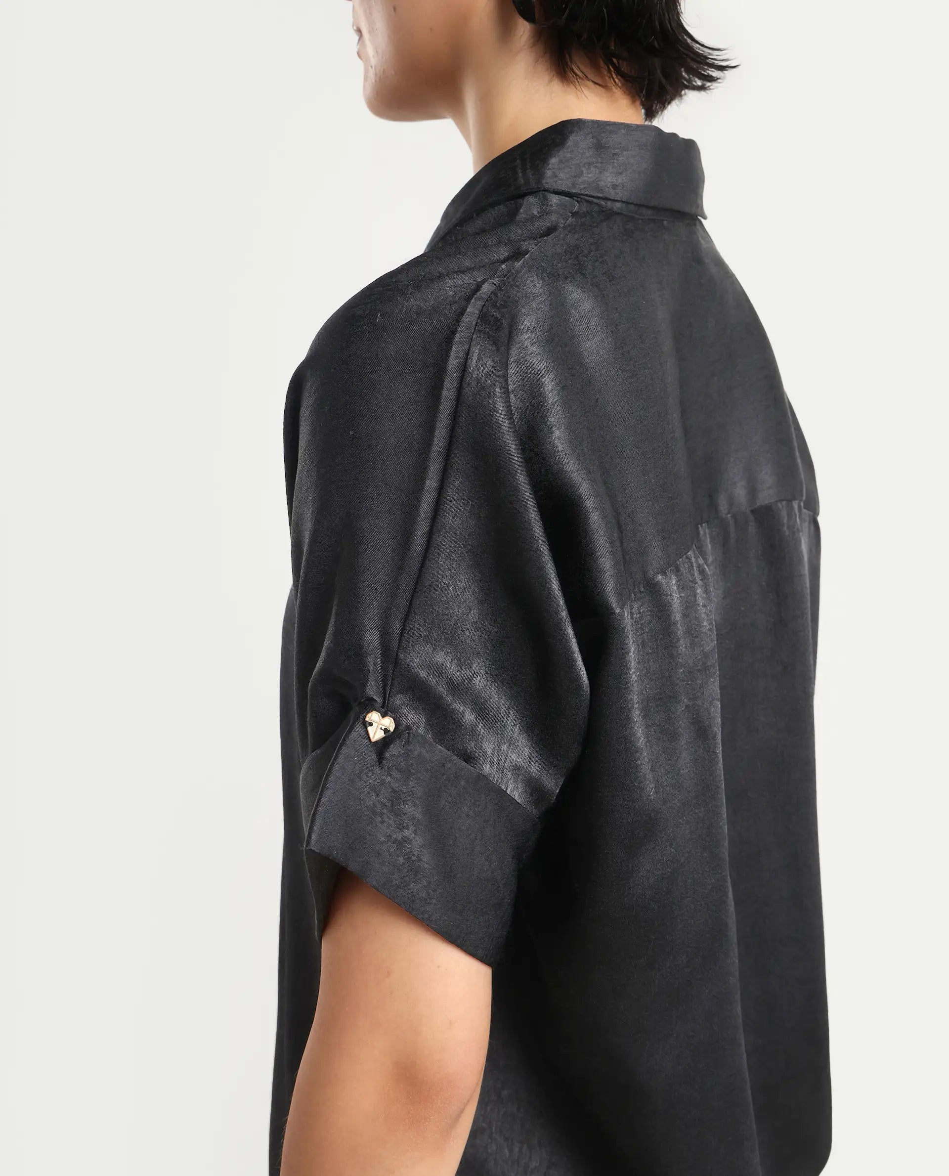 Rareism Women's Cole Black Polyester Drop Collar Plain Extended Sleeves Boxy Fit Top