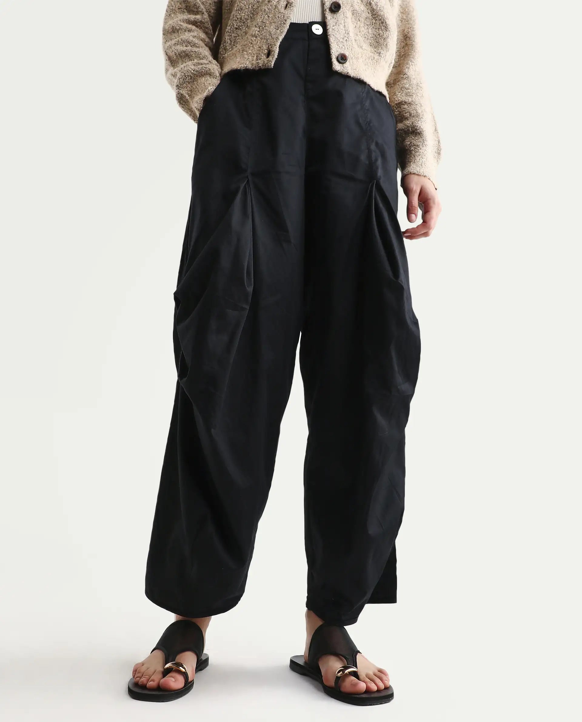 Rareism Women's Colema Black Cotton Plain Ankle Length Relaxed Fit Trouser