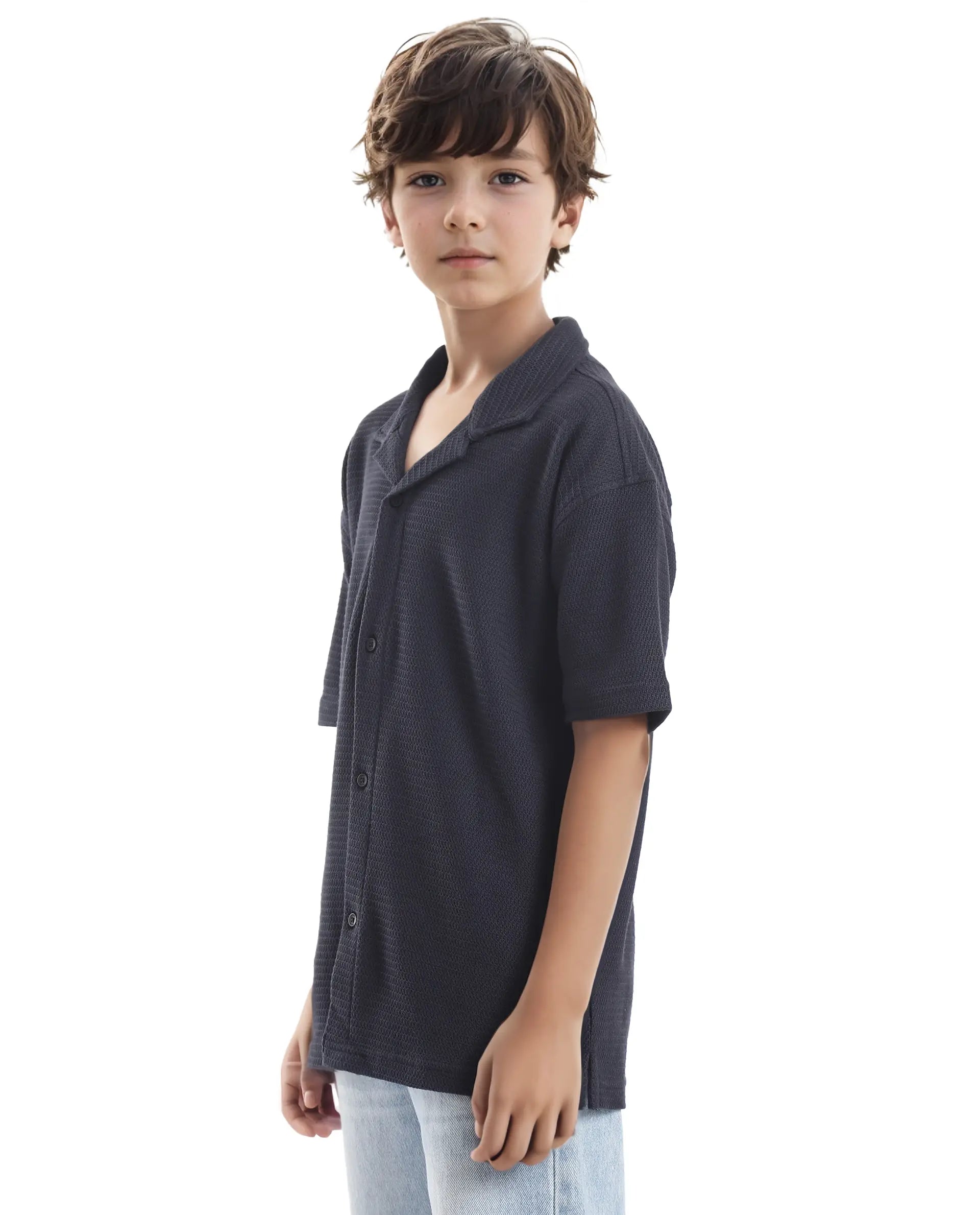 Rare Ones Kids Colen Navy Jacquard Half Sleeves Cuban Collar Boxy Fit Shirt