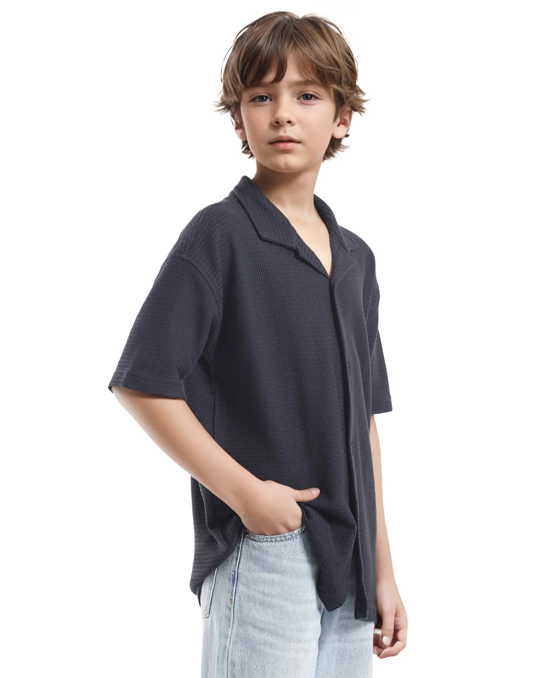 Rare Ones Kids Colen Navy Jacquard Half Sleeves Cuban Collar Boxy Fit Shirt