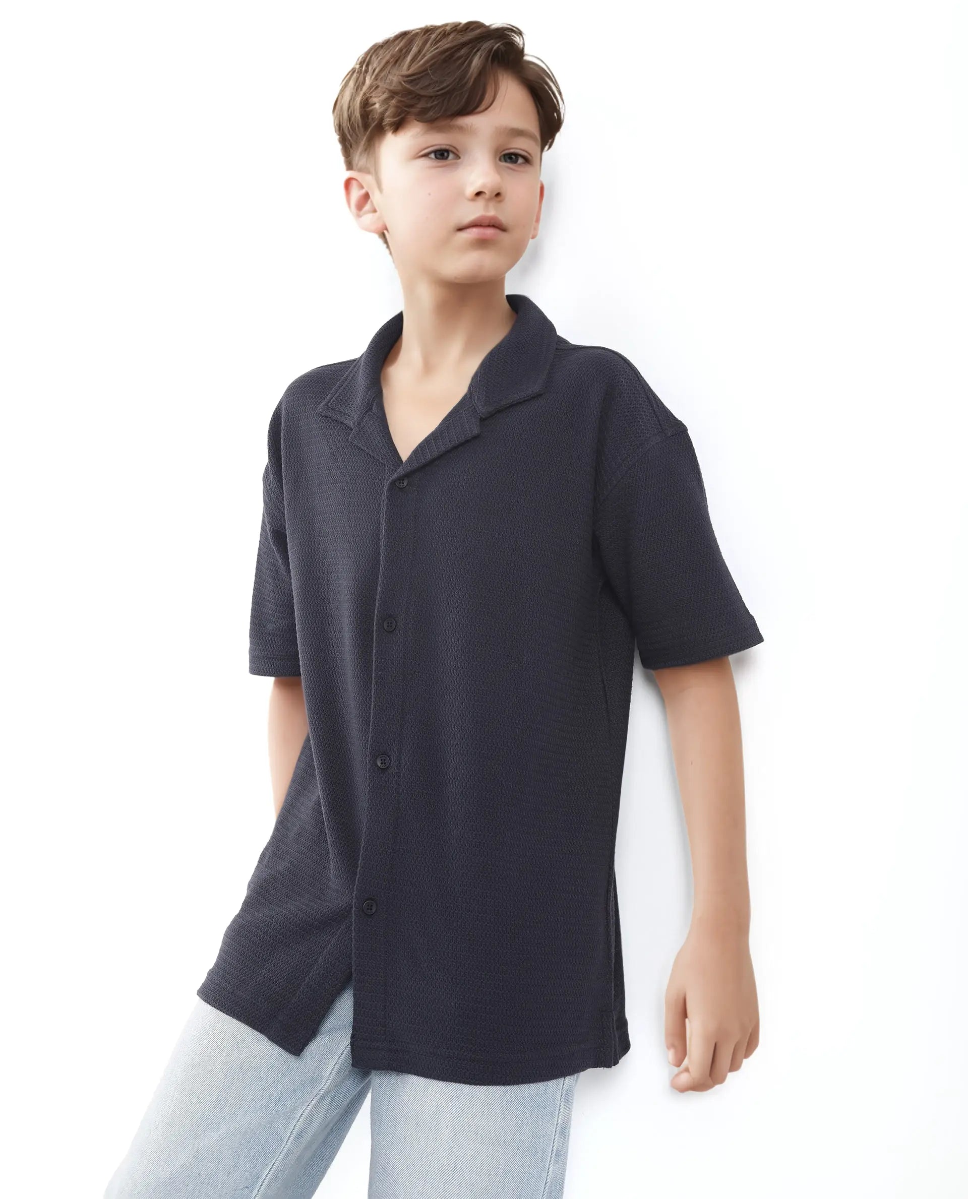 Rare Ones Kids Colen Navy Jacquard Half Sleeves Cuban Collar Boxy Fit Shirt