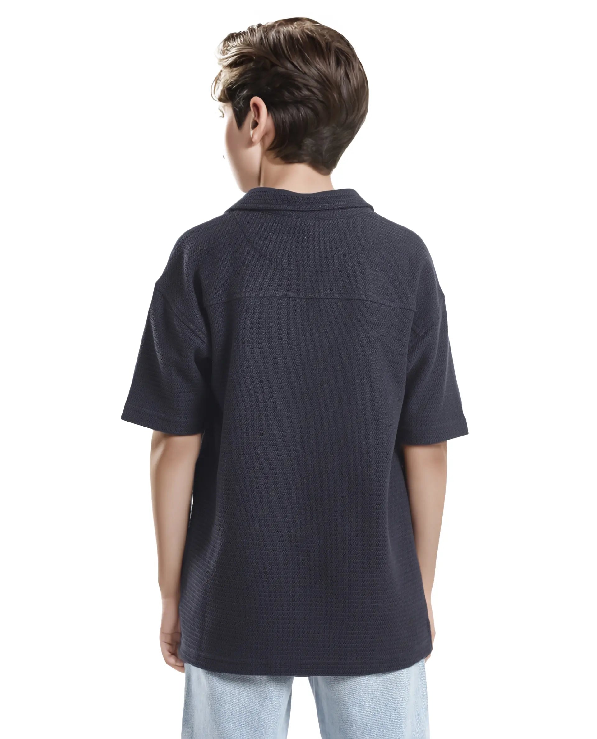 Rare Ones Kids Colen Navy Jacquard Half Sleeves Cuban Collar Boxy Fit Shirt