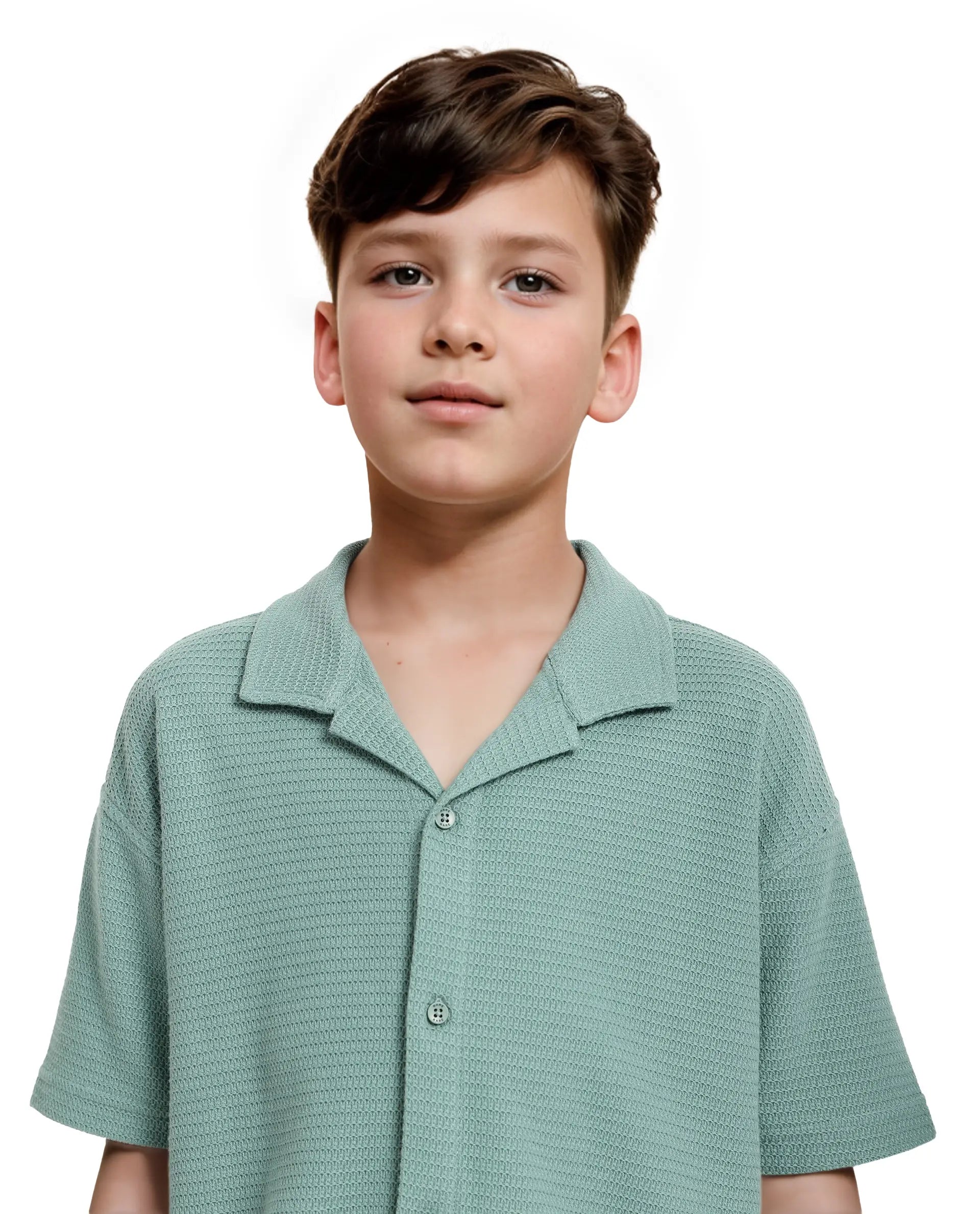 Rare Ones Kids Colen Green Jacquard Half Sleeves Cuban Collar Boxy Fit Shirt