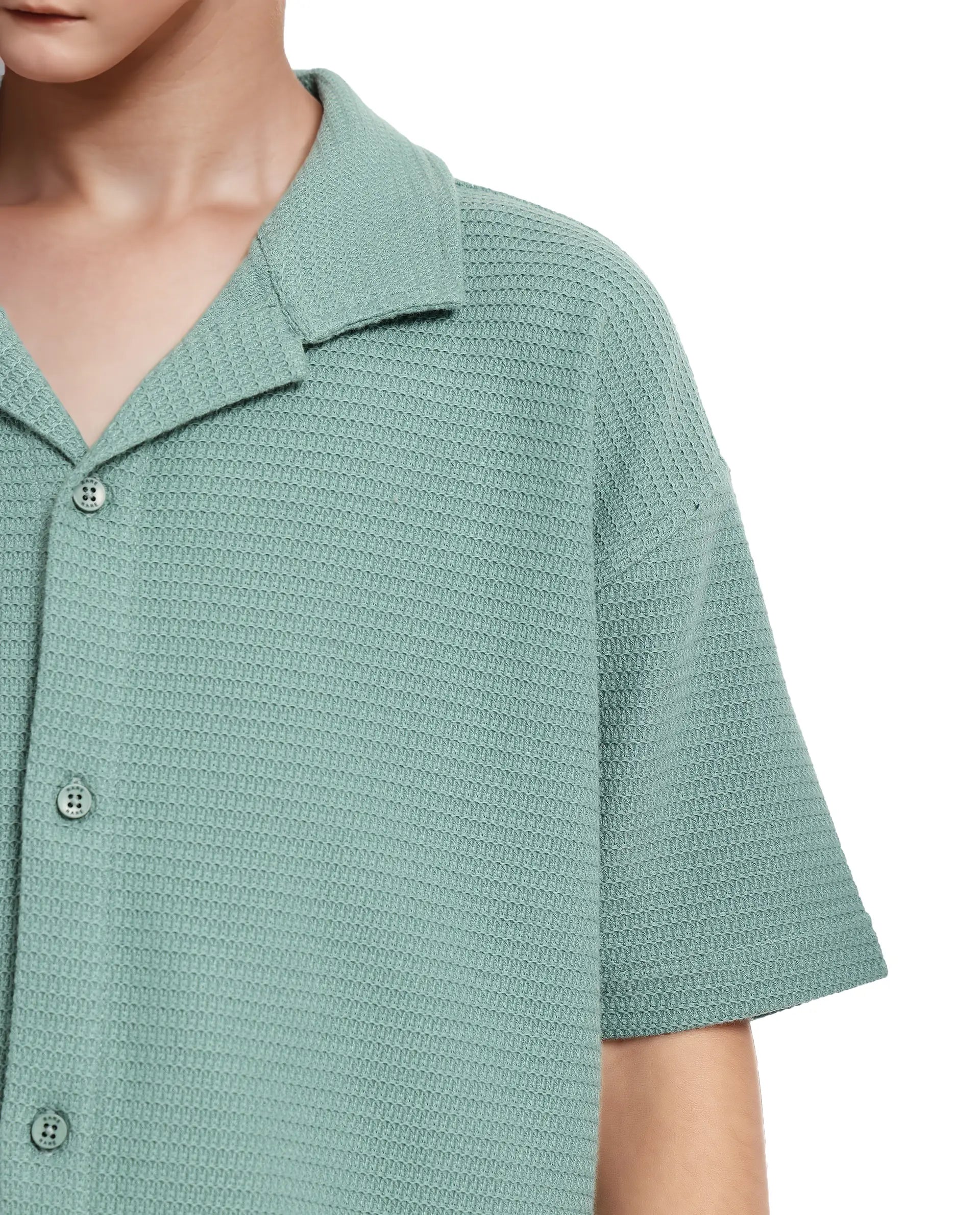 Rare Ones Kids Colen Green Jacquard Half Sleeves Cuban Collar Boxy Fit Shirt