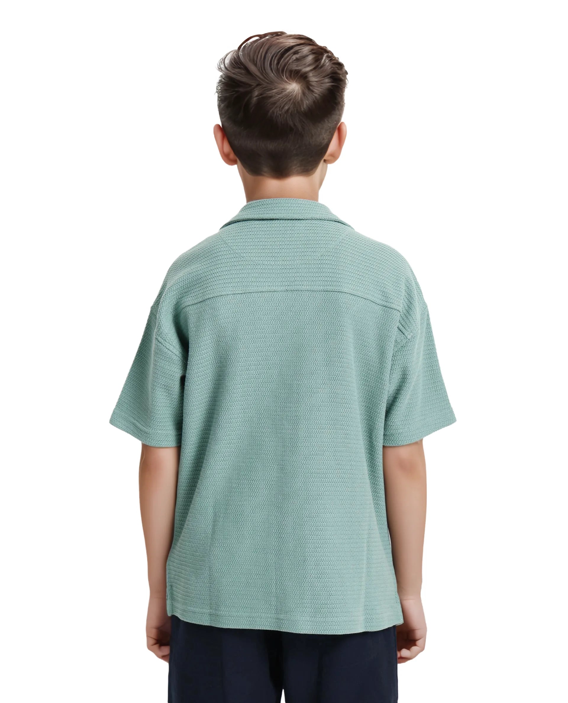 Rare Ones Kids Colen Green Jacquard Half Sleeves Cuban Collar Boxy Fit Shirt
