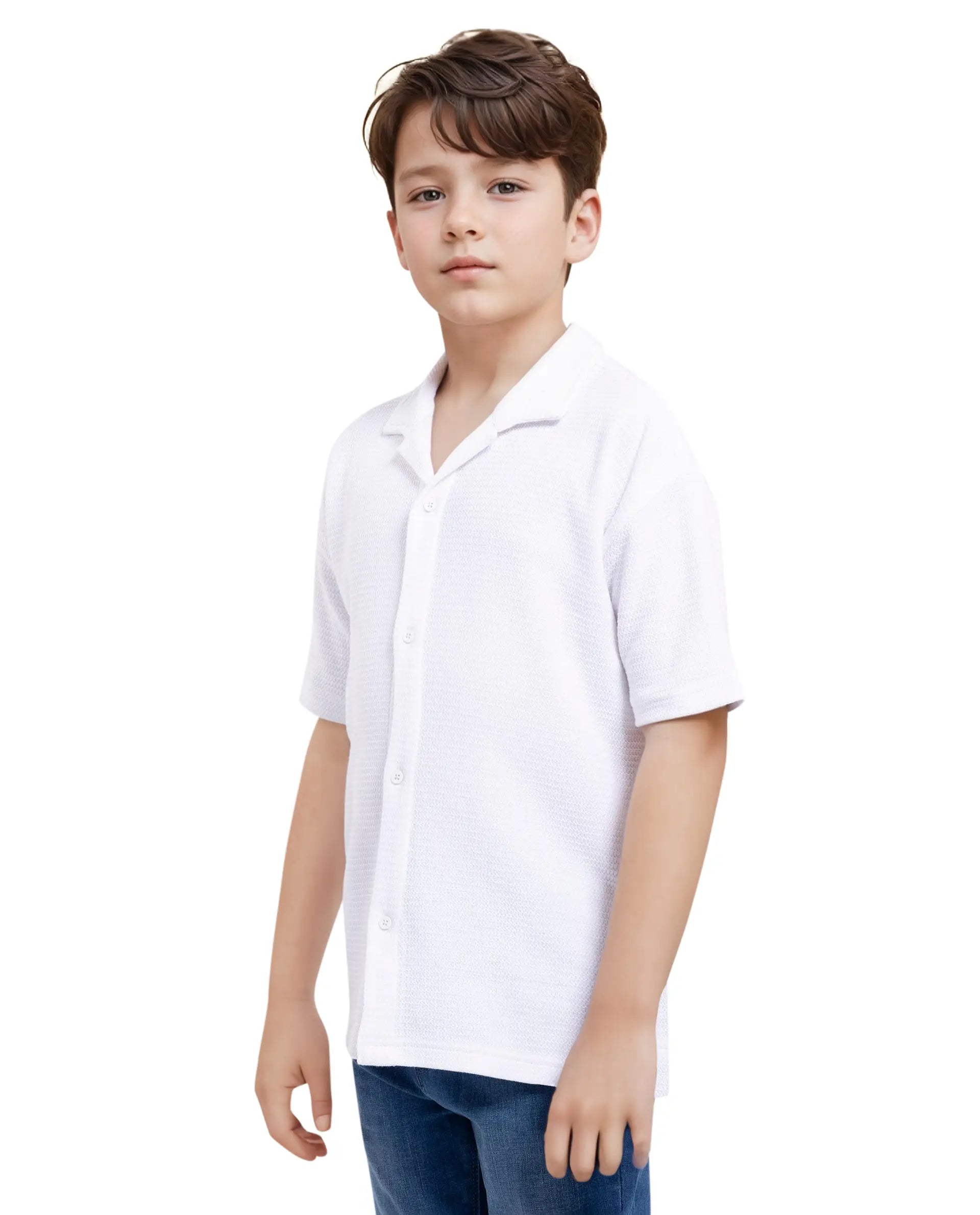 Rare Ones Kids Colen White Jacquard Half Sleeves Cuban Collar Boxy Fit Shirt
