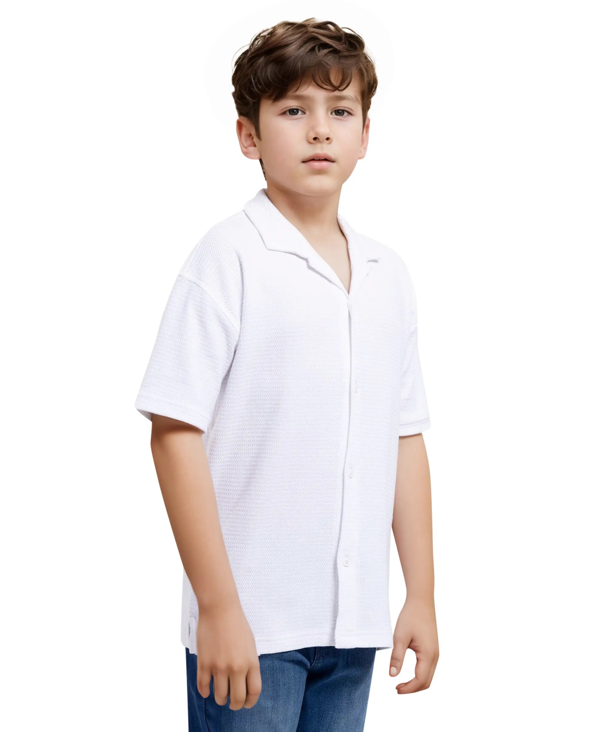 Rare Ones Kids Colen White Jacquard Half Sleeves Cuban Collar Boxy Fit Shirt