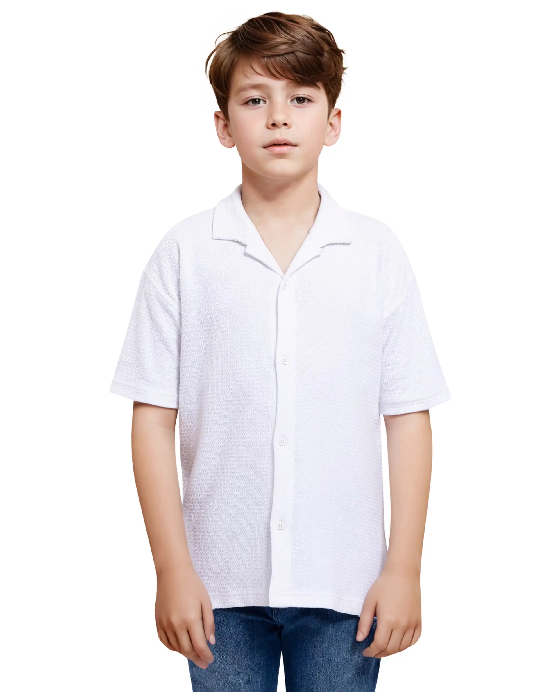 Rare Ones Kids Colen White Jacquard Half Sleeves Cuban Collar Boxy Fit Shirt