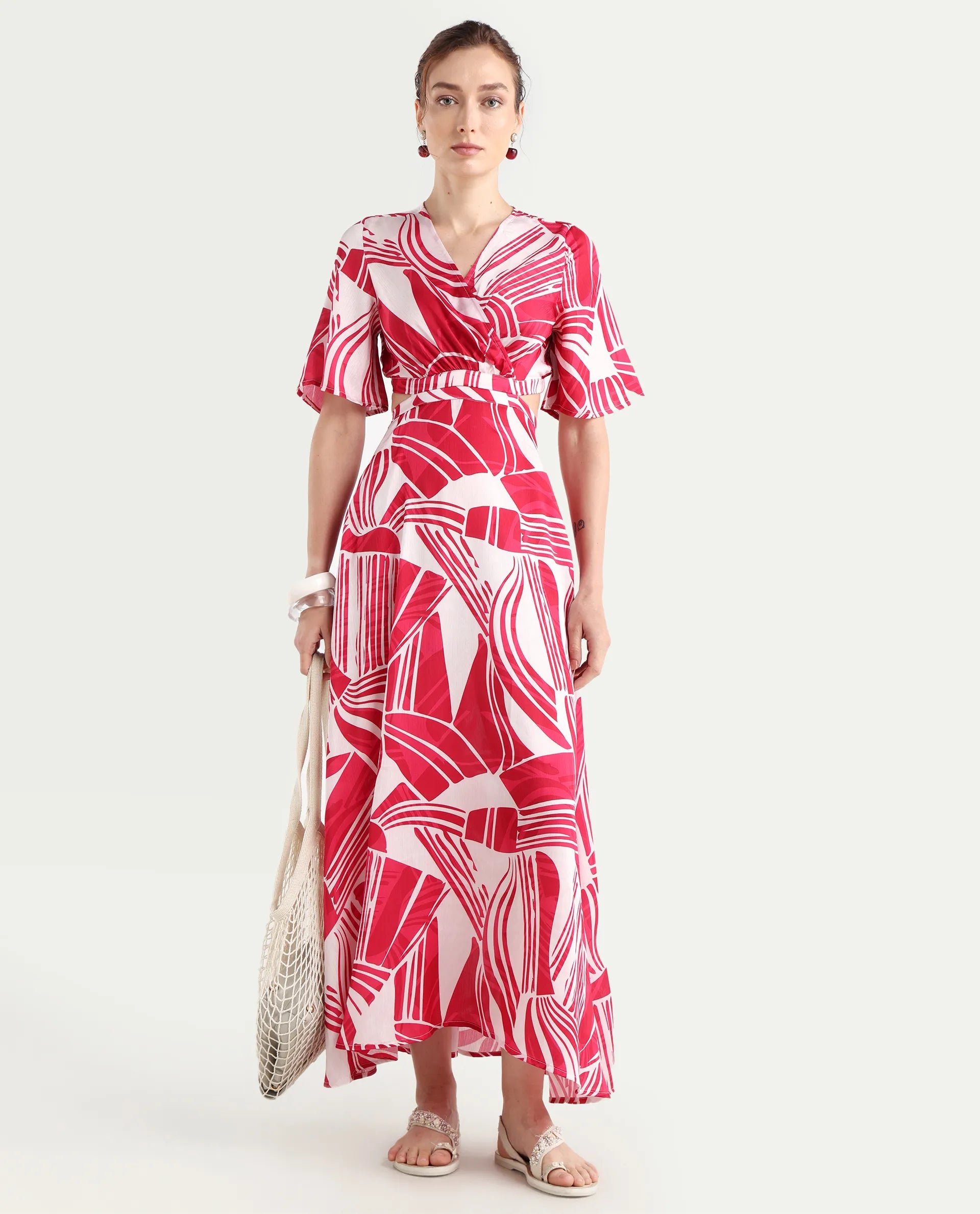 Rareism Women's Colima Red Polyester Overlap Neck Abstract Print Maxi Fit And Flare Dress