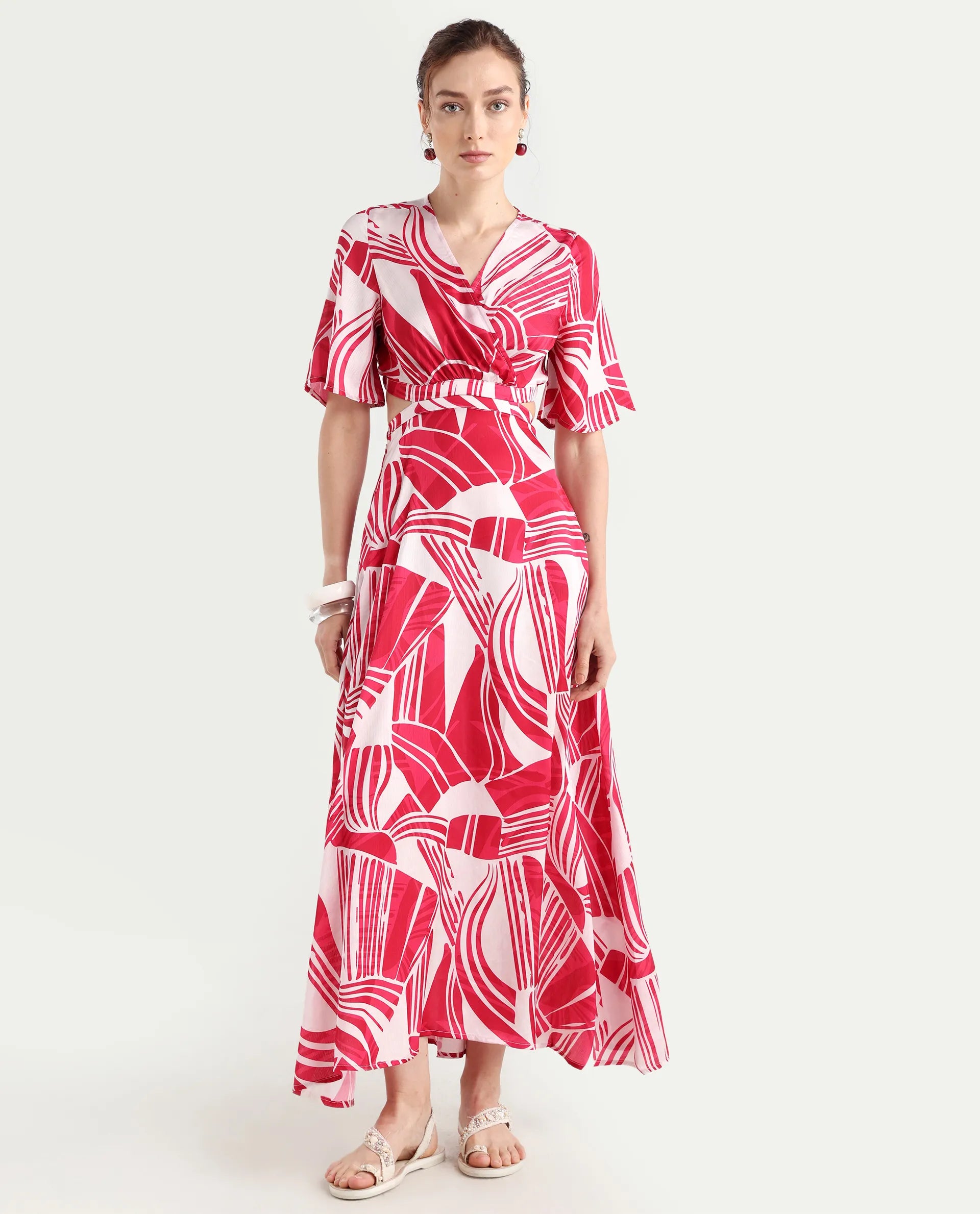 Rareism Women's Colima Red Polyester Overlap Neck Abstract Print Maxi Fit And Flare Dress