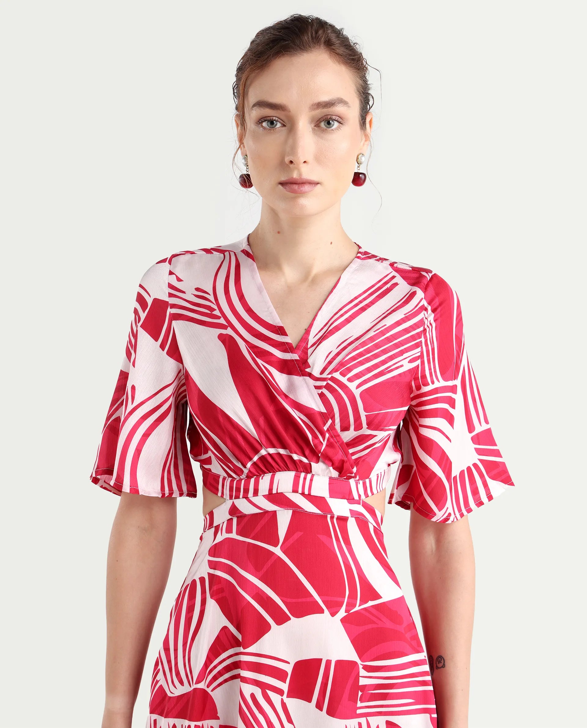 Rareism Women's Colima Red Polyester Overlap Neck Abstract Print Maxi Fit And Flare Dress