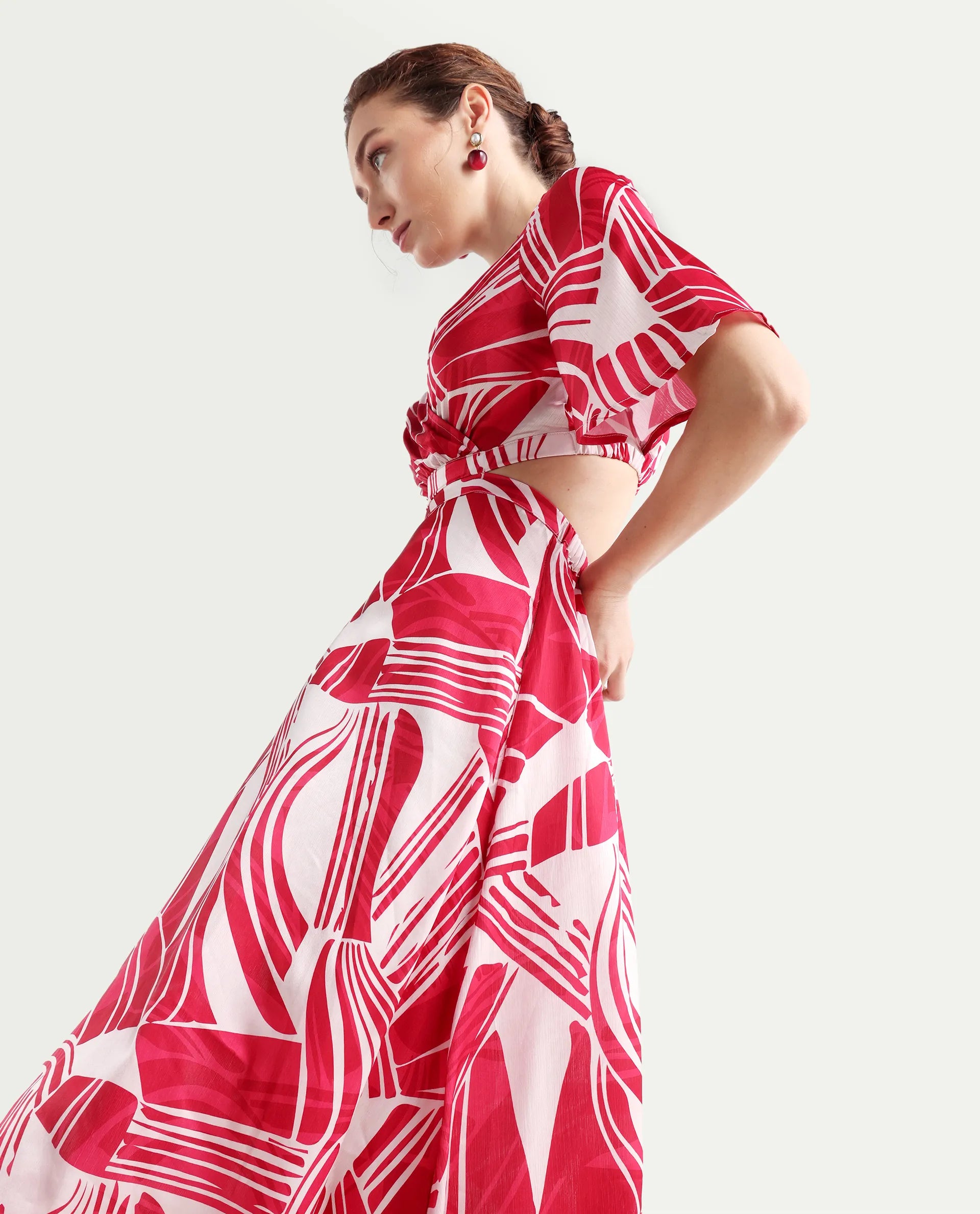 Rareism Women's Colima Red Polyester Overlap Neck Abstract Print Maxi Fit And Flare Dress