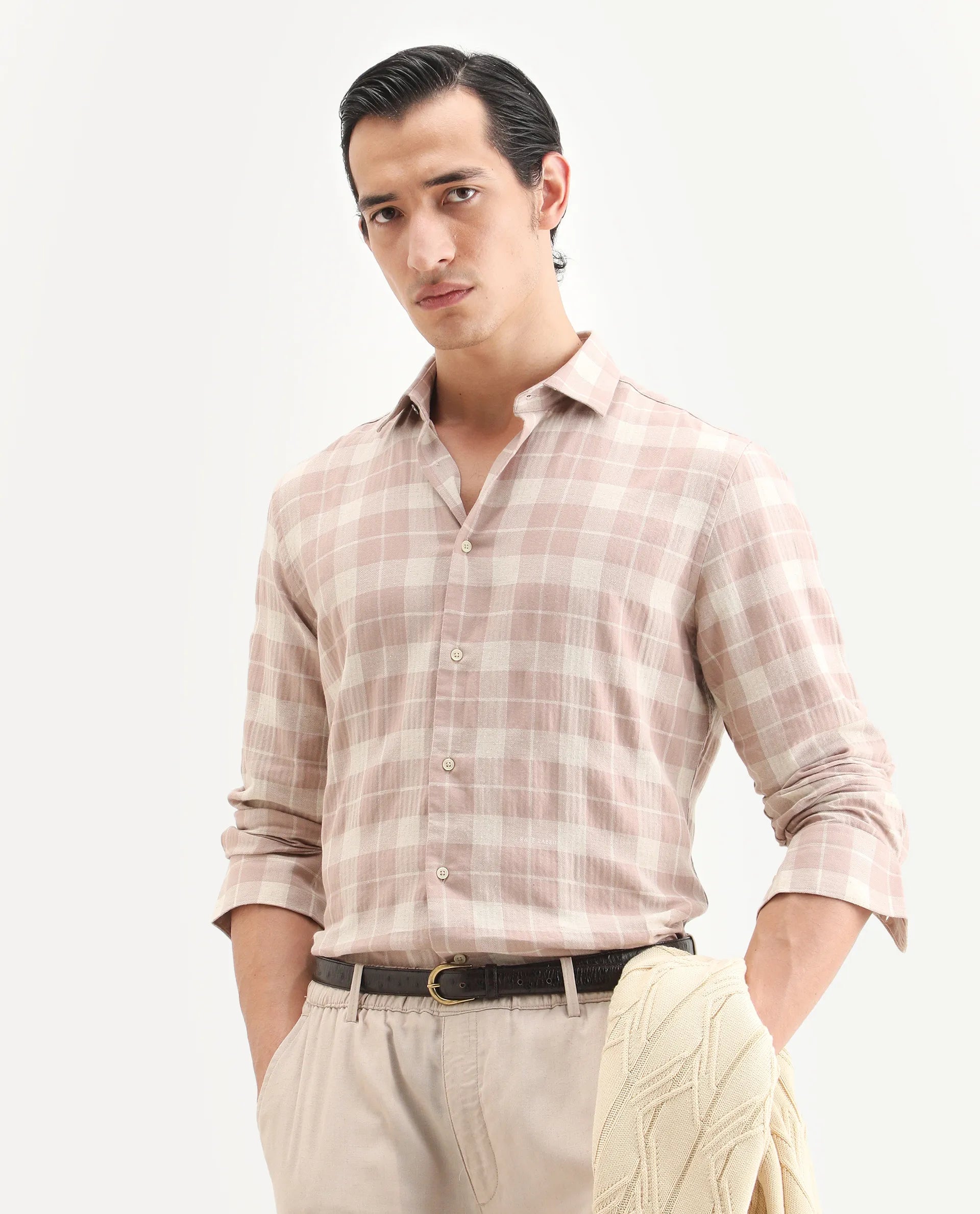 Rare Rabbit Men's Colint Dusky Pink Linen Blend Fabric Full Sleeve Spread Collar Regular Fit Checked Shirt