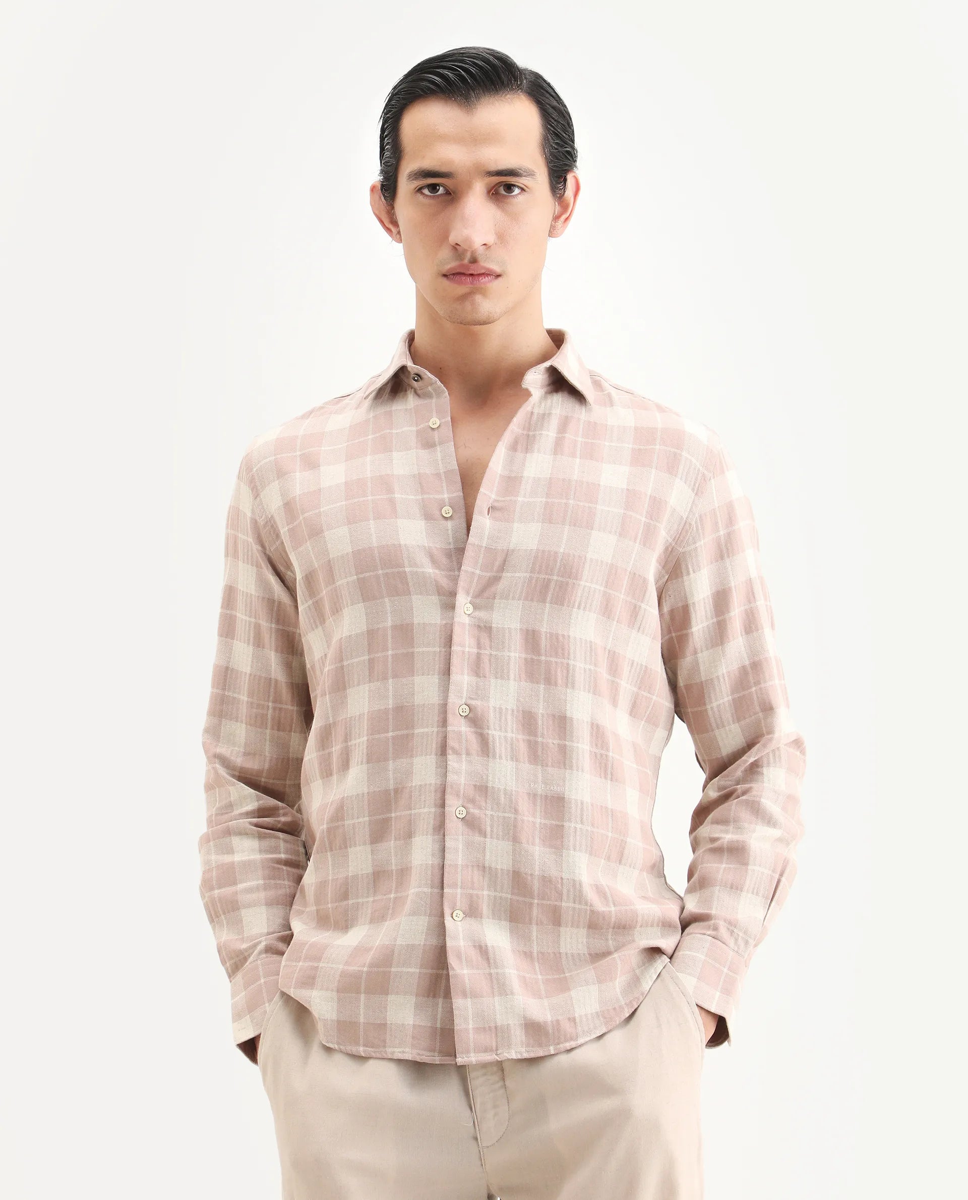 Rare Rabbit Men's Colint Dusky Pink Linen Blend Fabric Full Sleeve Spread Collar Regular Fit Checked Shirt