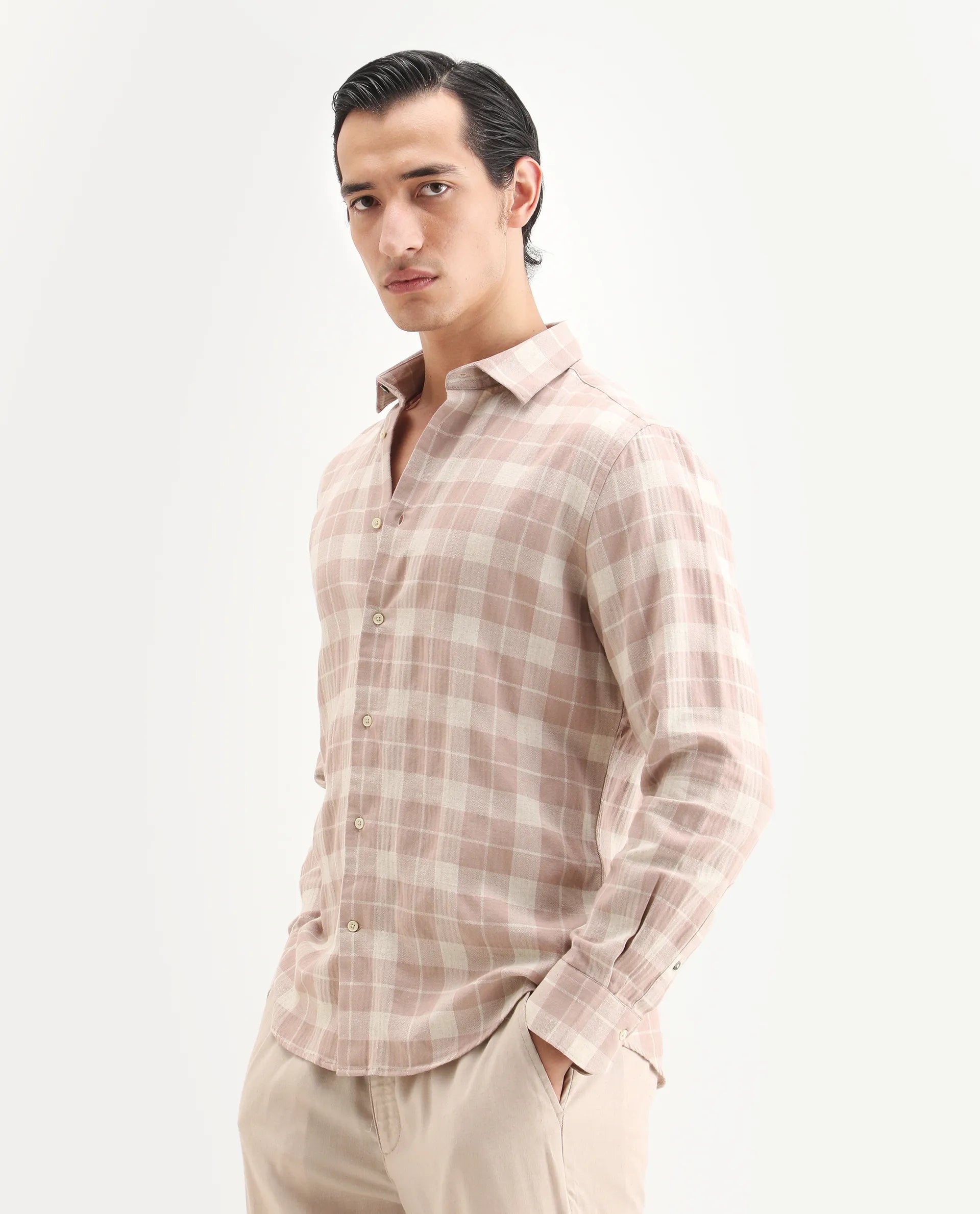 Rare Rabbit Men's Colint Dusky Pink Linen Blend Fabric Full Sleeve Spread Collar Regular Fit Checked Shirt