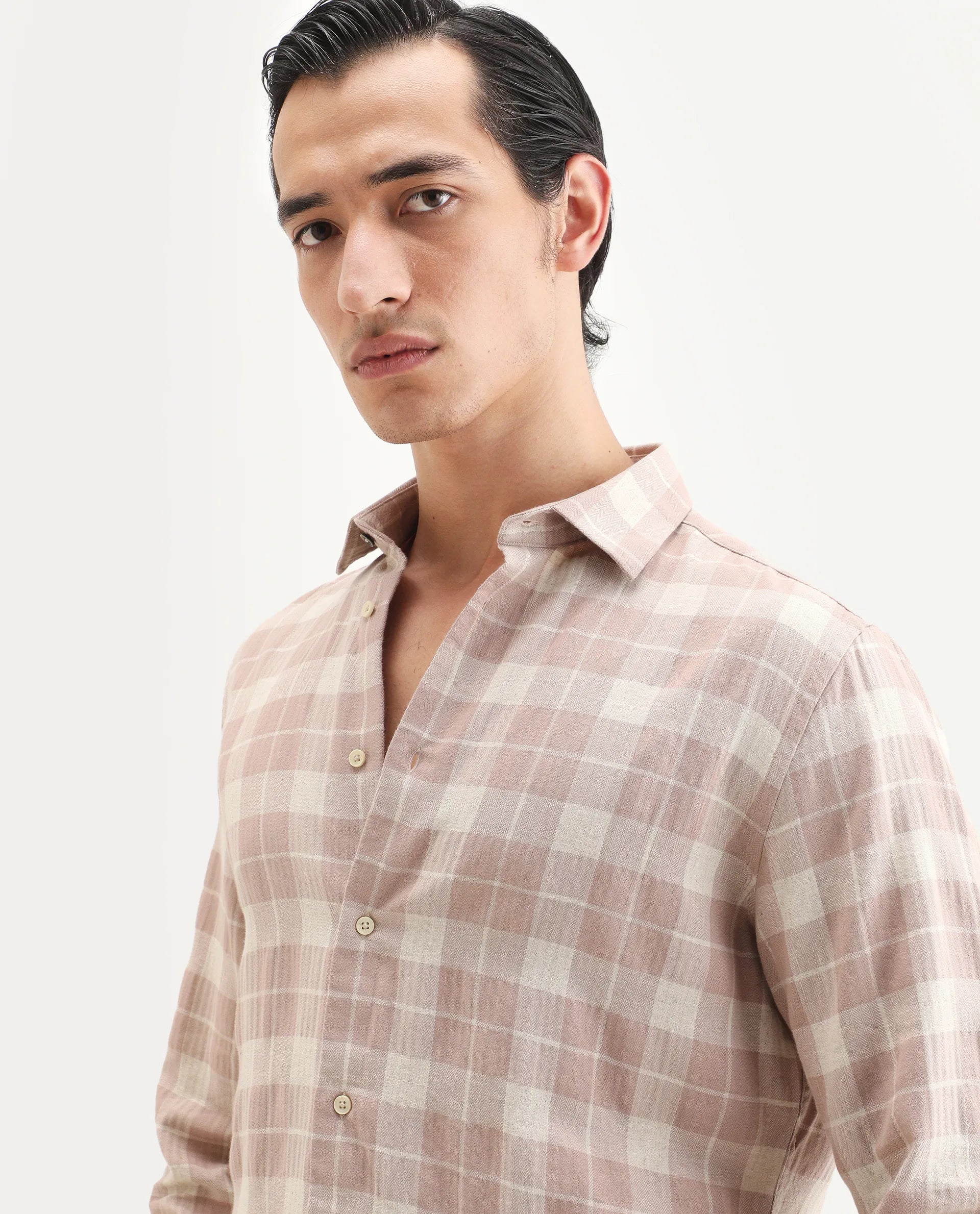 Rare Rabbit Men's Colint Dusky Pink Linen Blend Fabric Full Sleeve Spread Collar Regular Fit Checked Shirt