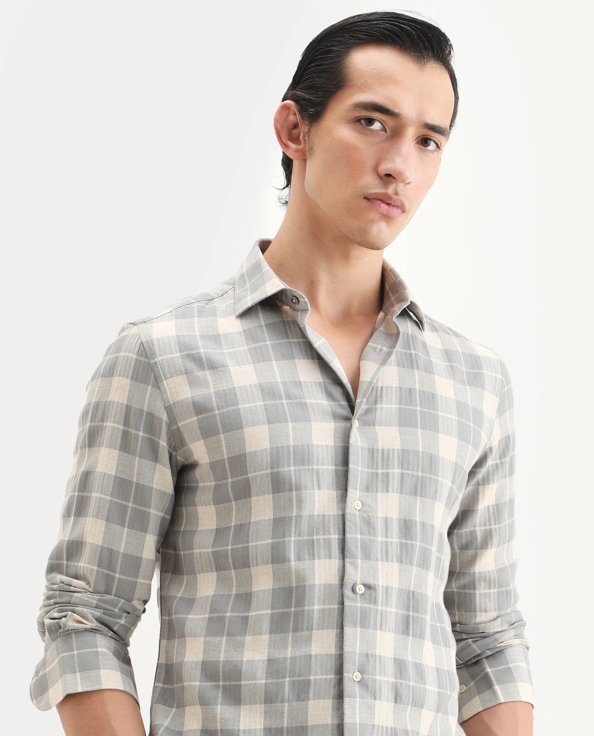 Rare Rabbit Men's Colint Grey Linen Blend Fabric Full Sleeve Spread Collar Regular Fit Checked Shirt