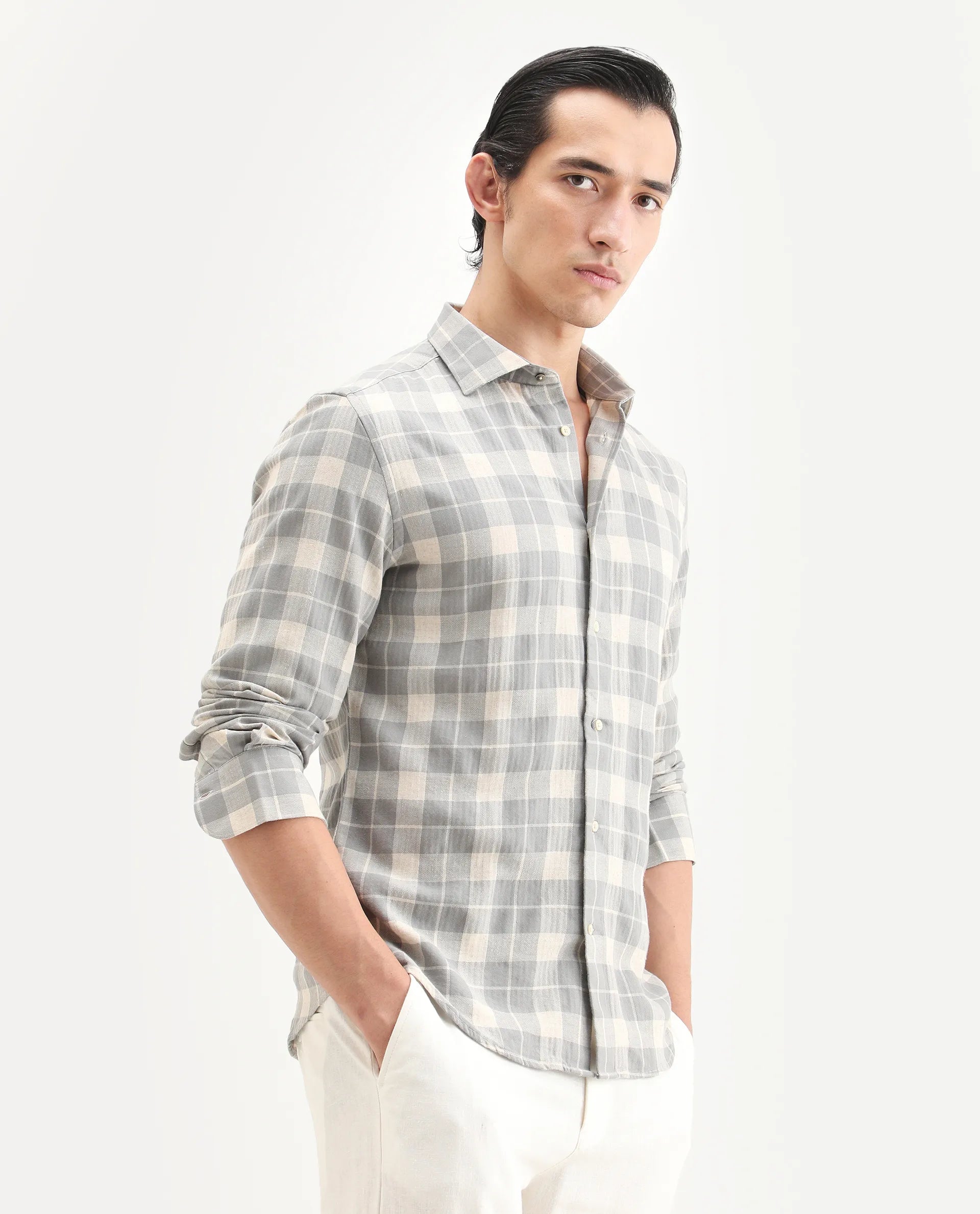 Rare Rabbit Men's Colint Grey Linen Blend Fabric Full Sleeve Spread Collar Regular Fit Checked Shirt