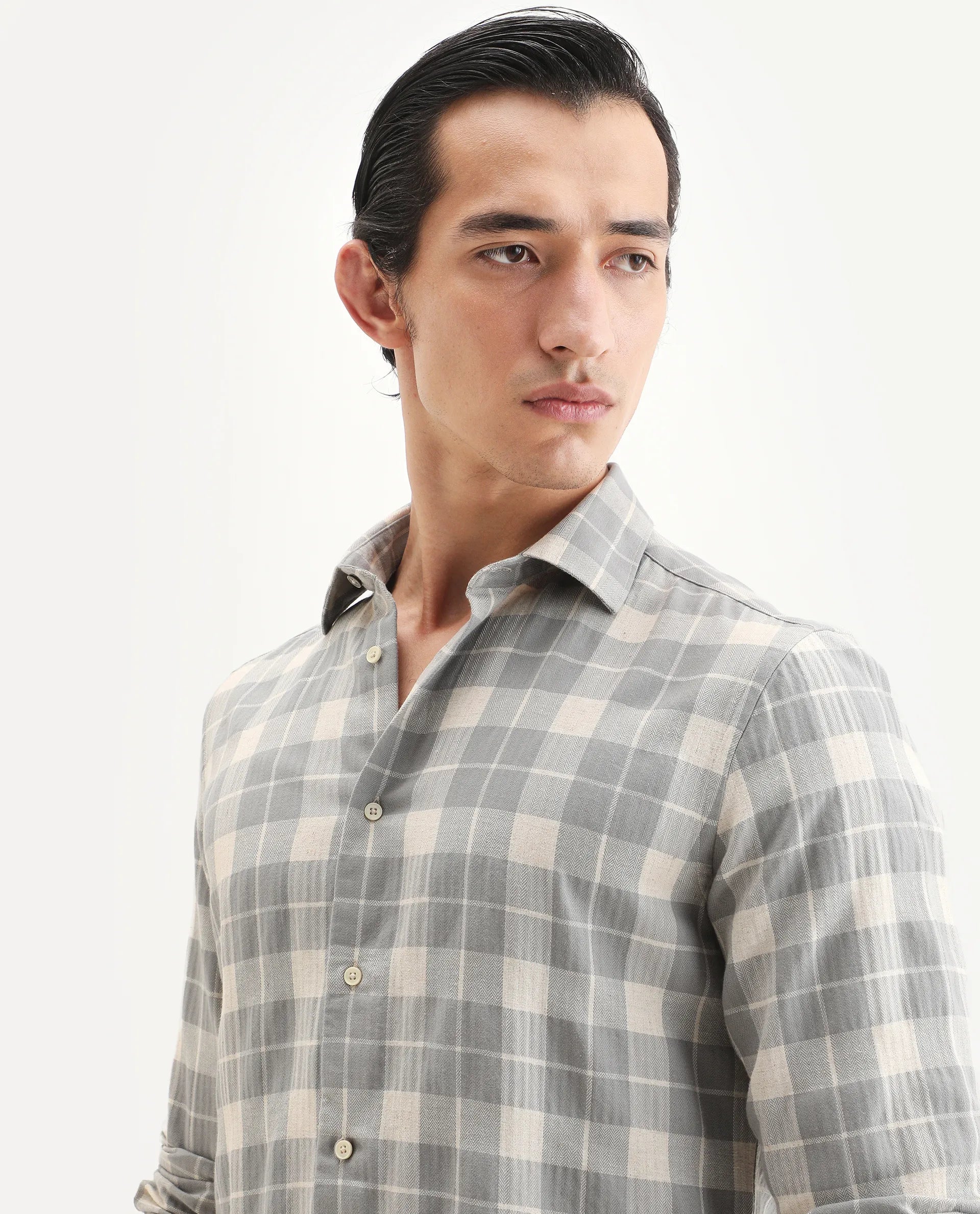 Rare Rabbit Men's Colint Grey Linen Blend Fabric Full Sleeve Spread Collar Regular Fit Checked Shirt