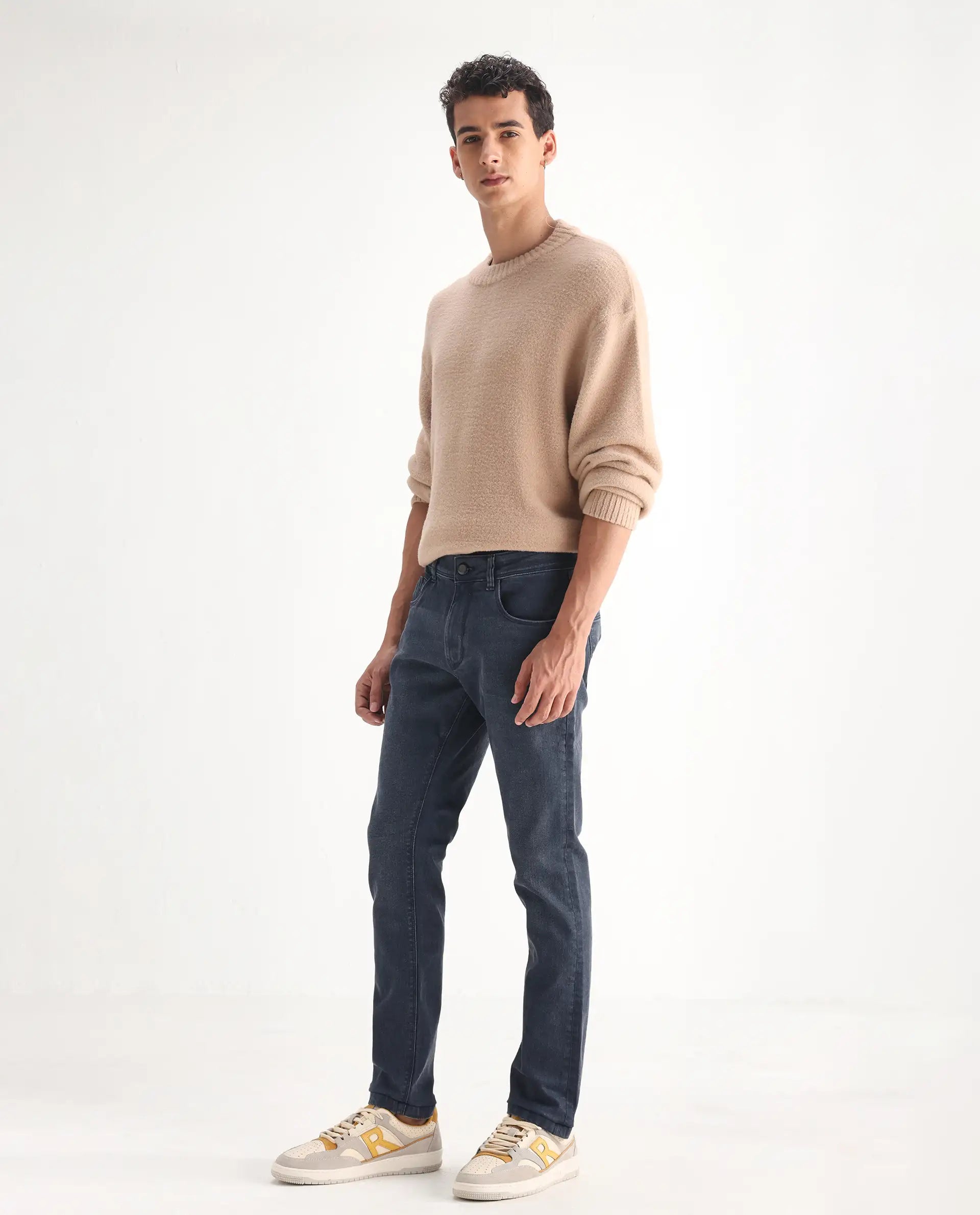 Rare Rabbit Men's Colmer Dusky Blue Cotton Plain Hawk Slim Fit Jeans