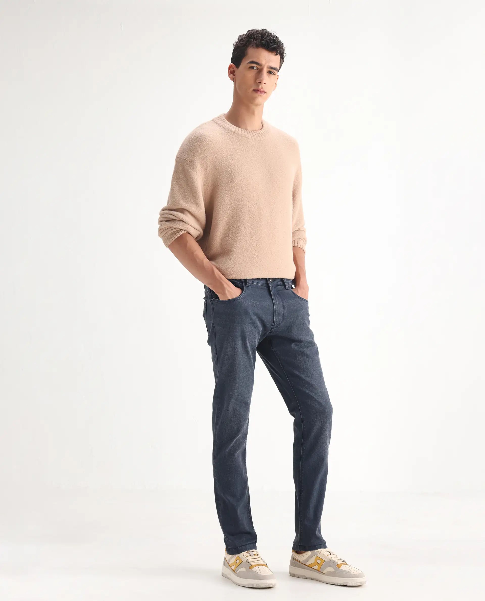 Rare Rabbit Men's Colmer Dusky Blue Cotton Plain Hawk Slim Fit Jeans