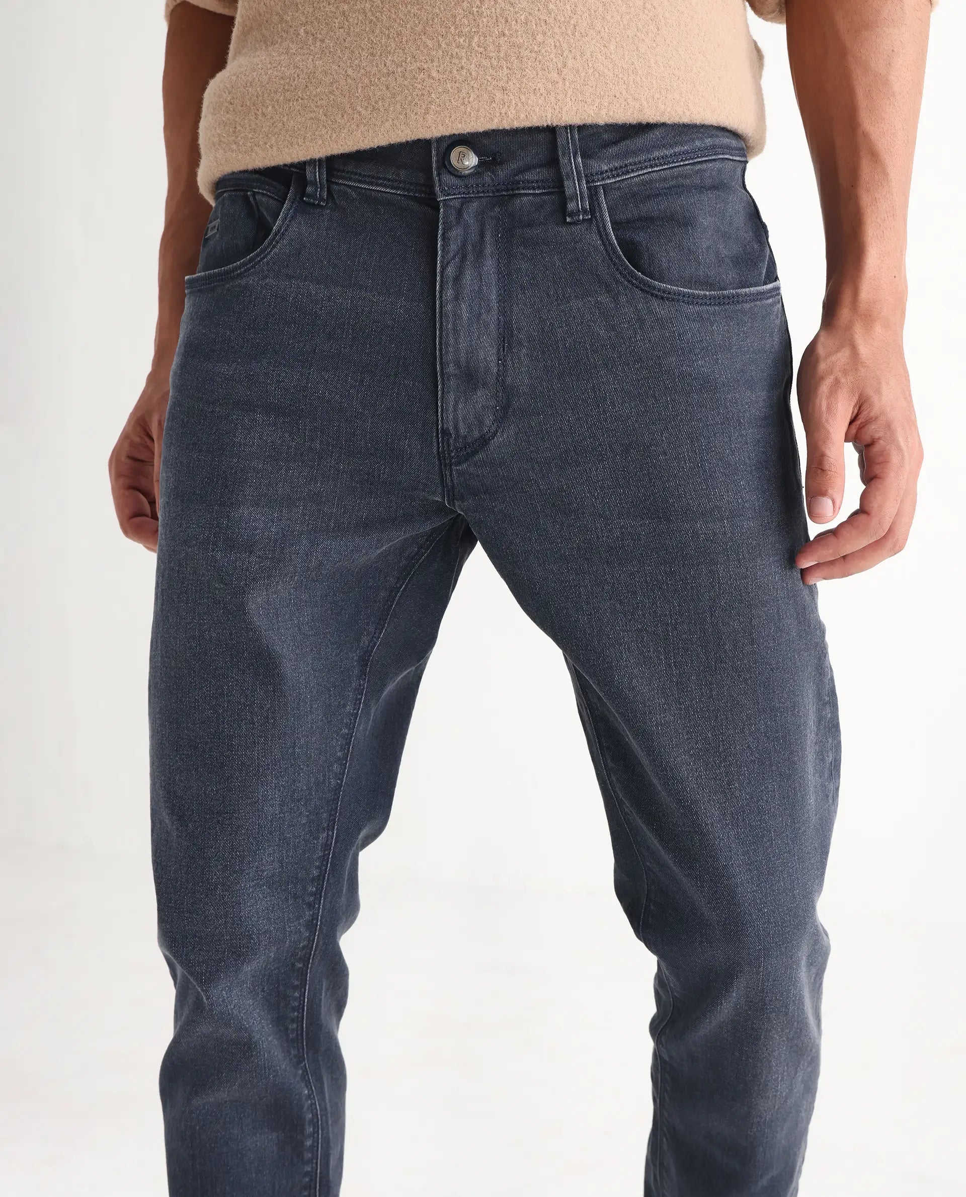 Rare Rabbit Men's Colmer Dusky Blue Cotton Plain Hawk Slim Fit Jeans