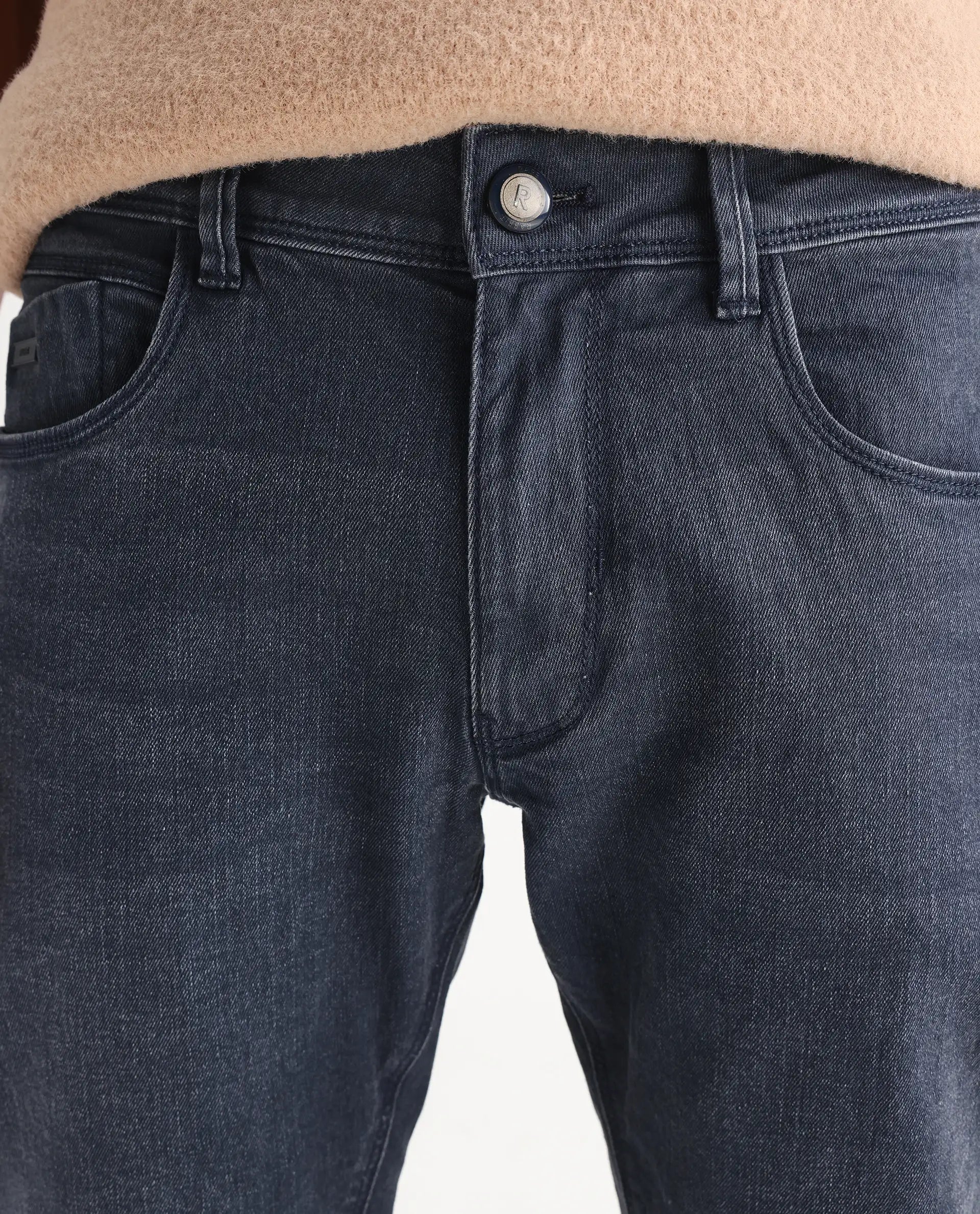 Rare Rabbit Men's Colmer Dusky Blue Cotton Plain Hawk Slim Fit Jeans