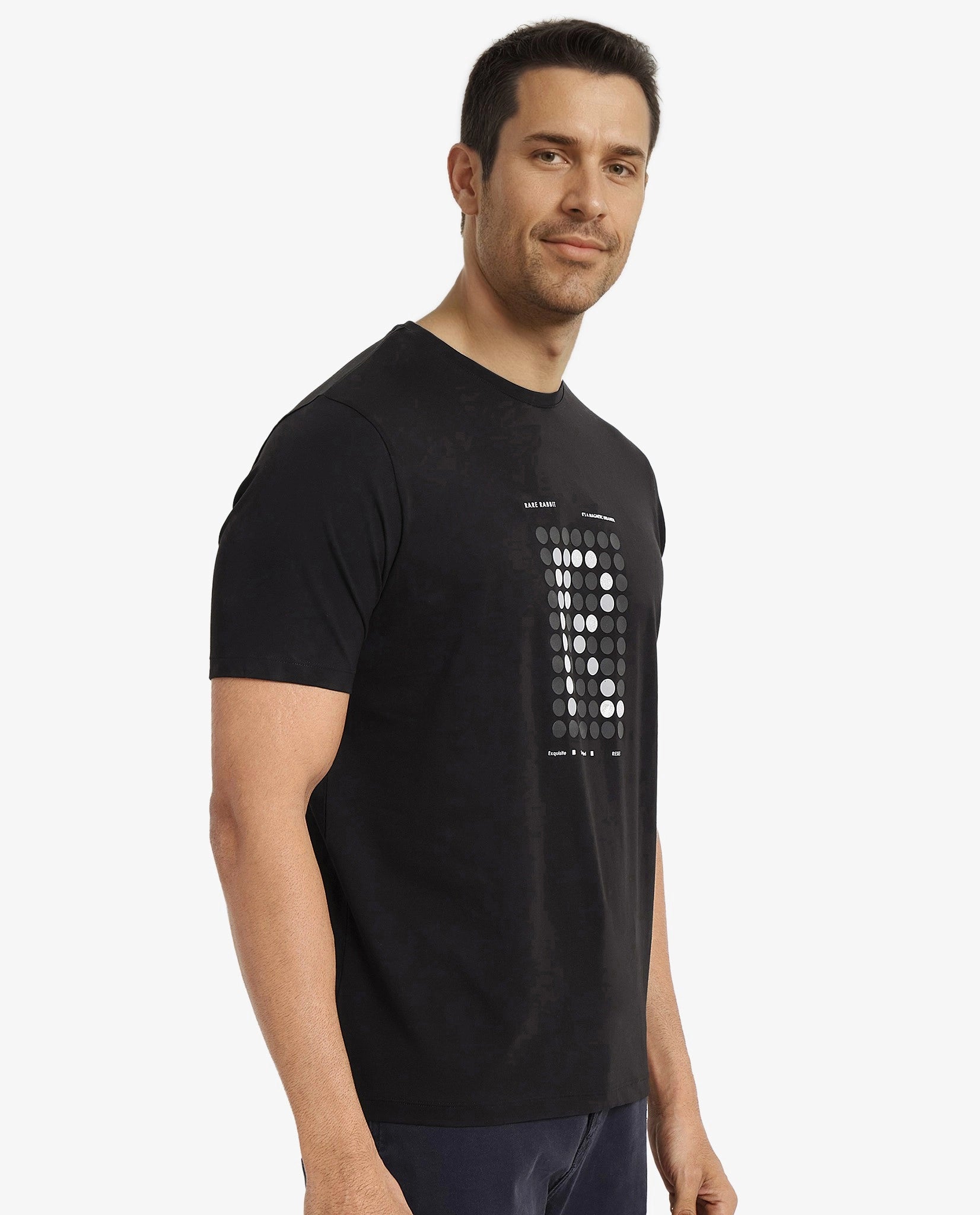 Rare Rabbit Men Colos Black Cotton Lycra Fabric Short Sleeve Crew Neck Regular Fit Graphic Print T-Shirt