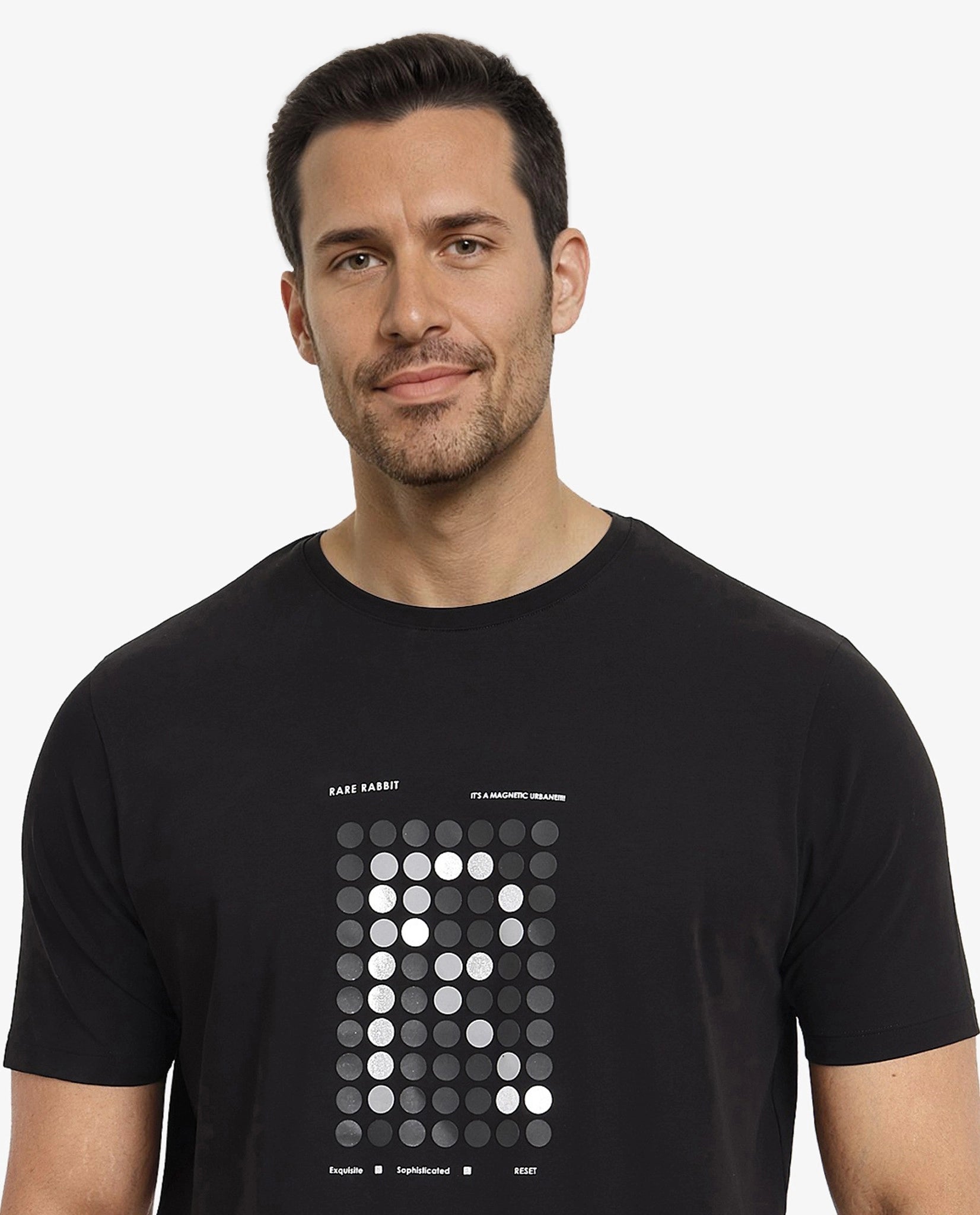Rare Rabbit Men Colos Black Cotton Lycra Fabric Short Sleeve Crew Neck Regular Fit Graphic Print T-Shirt