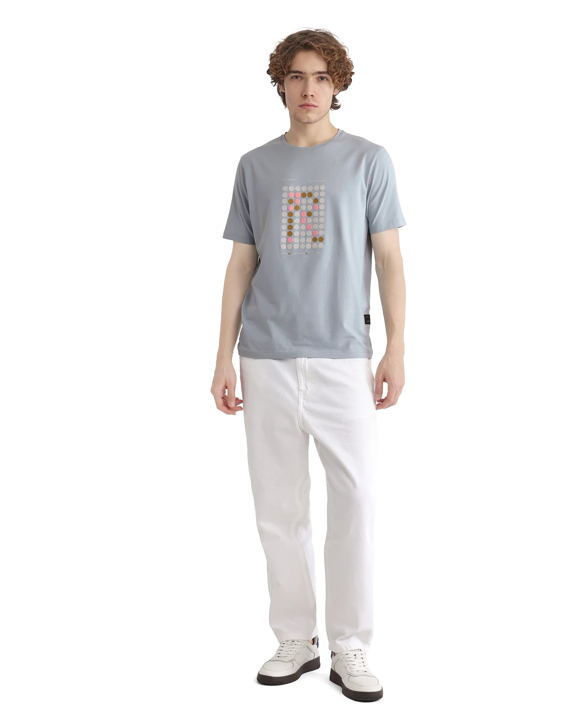 Rare Rabbit Men Colos Light Blue Short Sleeve Crew Neck Graphic Print T-Shirt