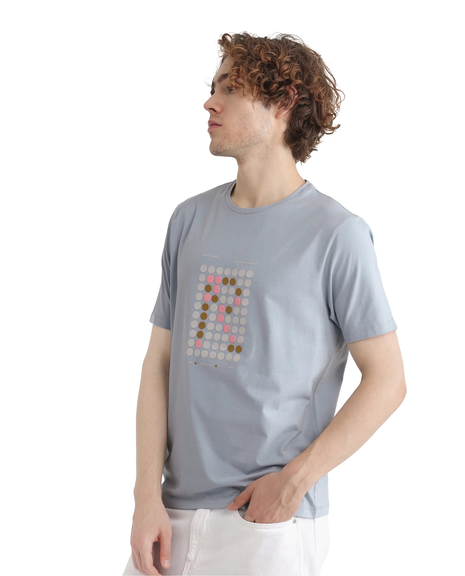 Rare Rabbit Men Colos Light Blue Short Sleeve Crew Neck Graphic Print T-Shirt