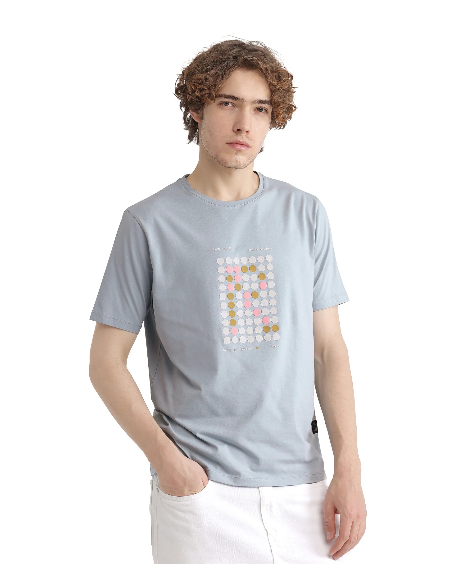 Rare Rabbit Men Colos Light Blue Short Sleeve Crew Neck Graphic Print T-Shirt