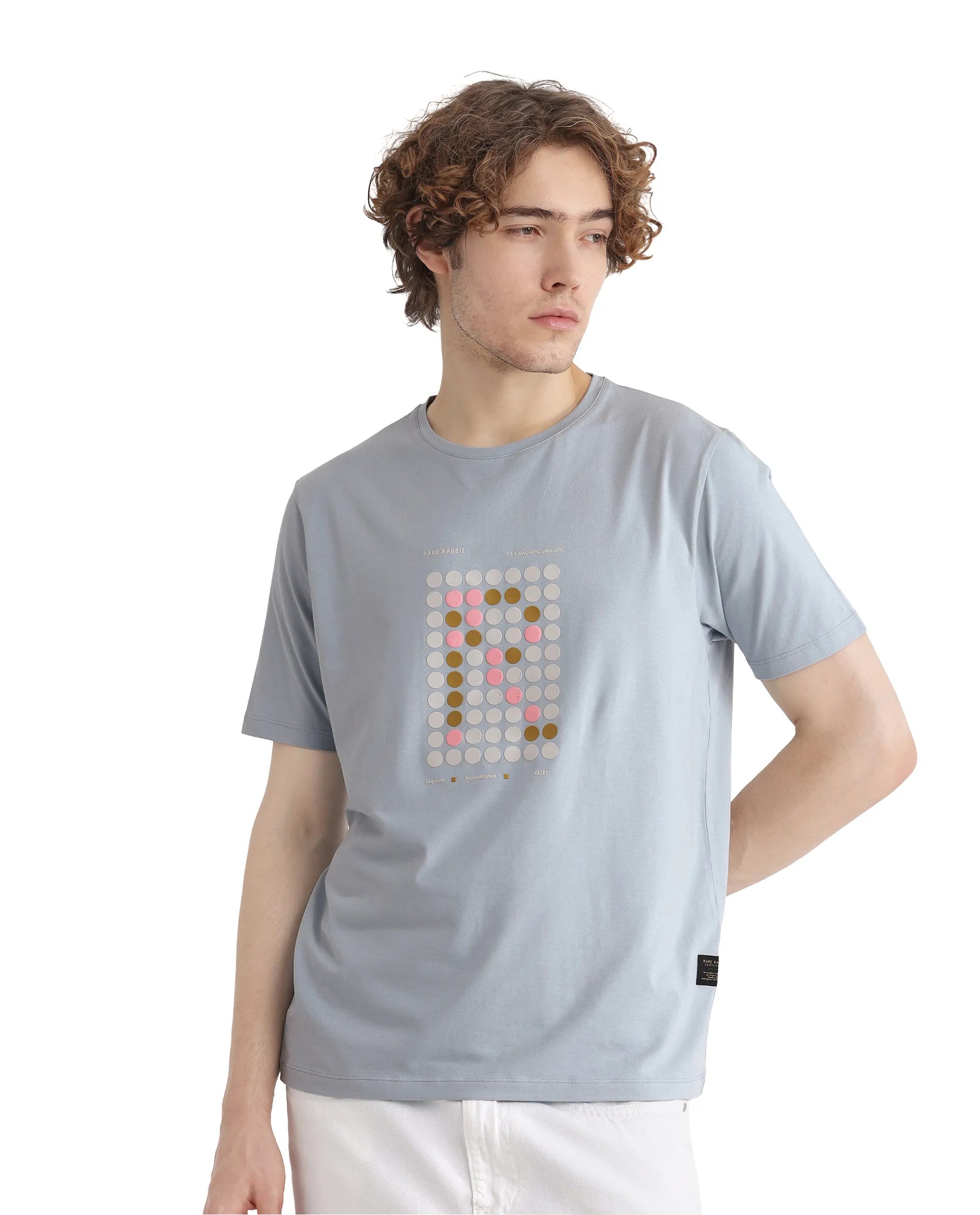 Rare Rabbit Men Colos Light Blue Short Sleeve Crew Neck Graphic Print T-Shirt