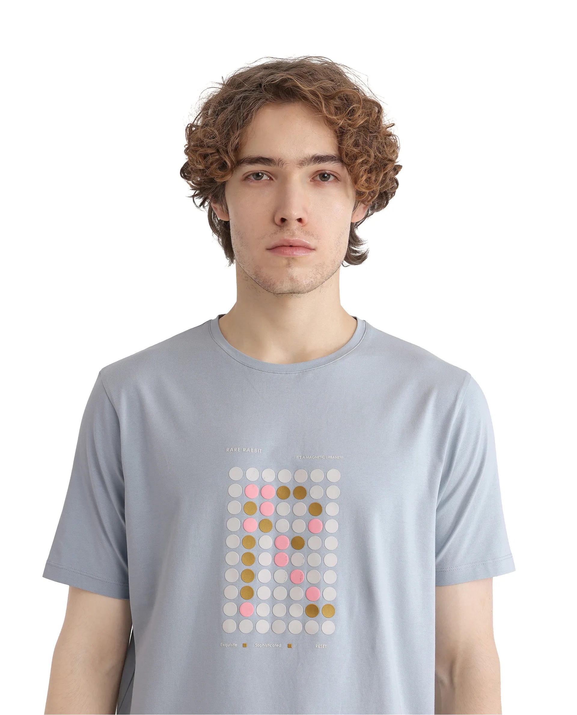 Rare Rabbit Men Colos Light Blue Short Sleeve Crew Neck Graphic Print T-Shirt