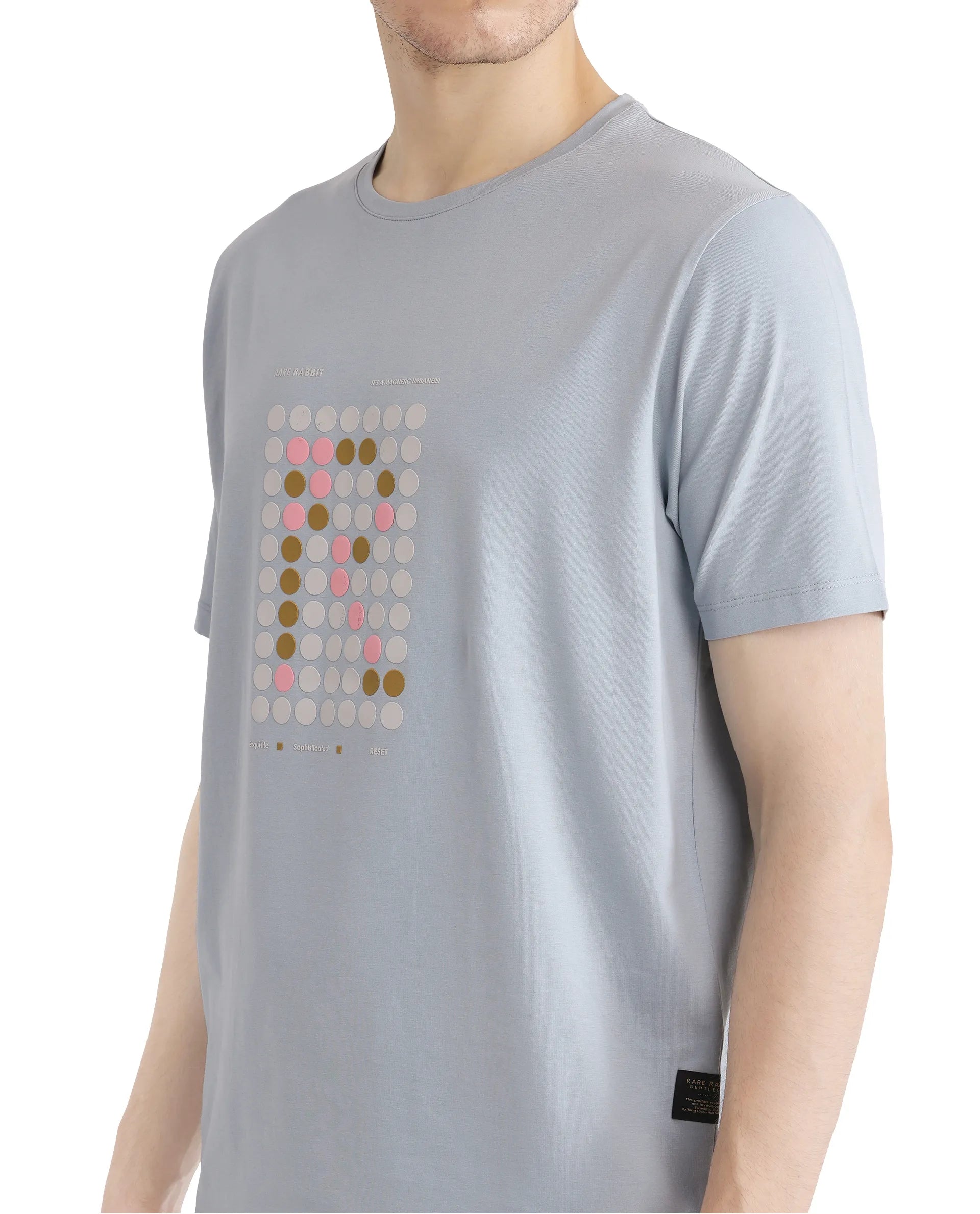 Rare Rabbit Men Colos Light Blue Short Sleeve Crew Neck Graphic Print T-Shirt