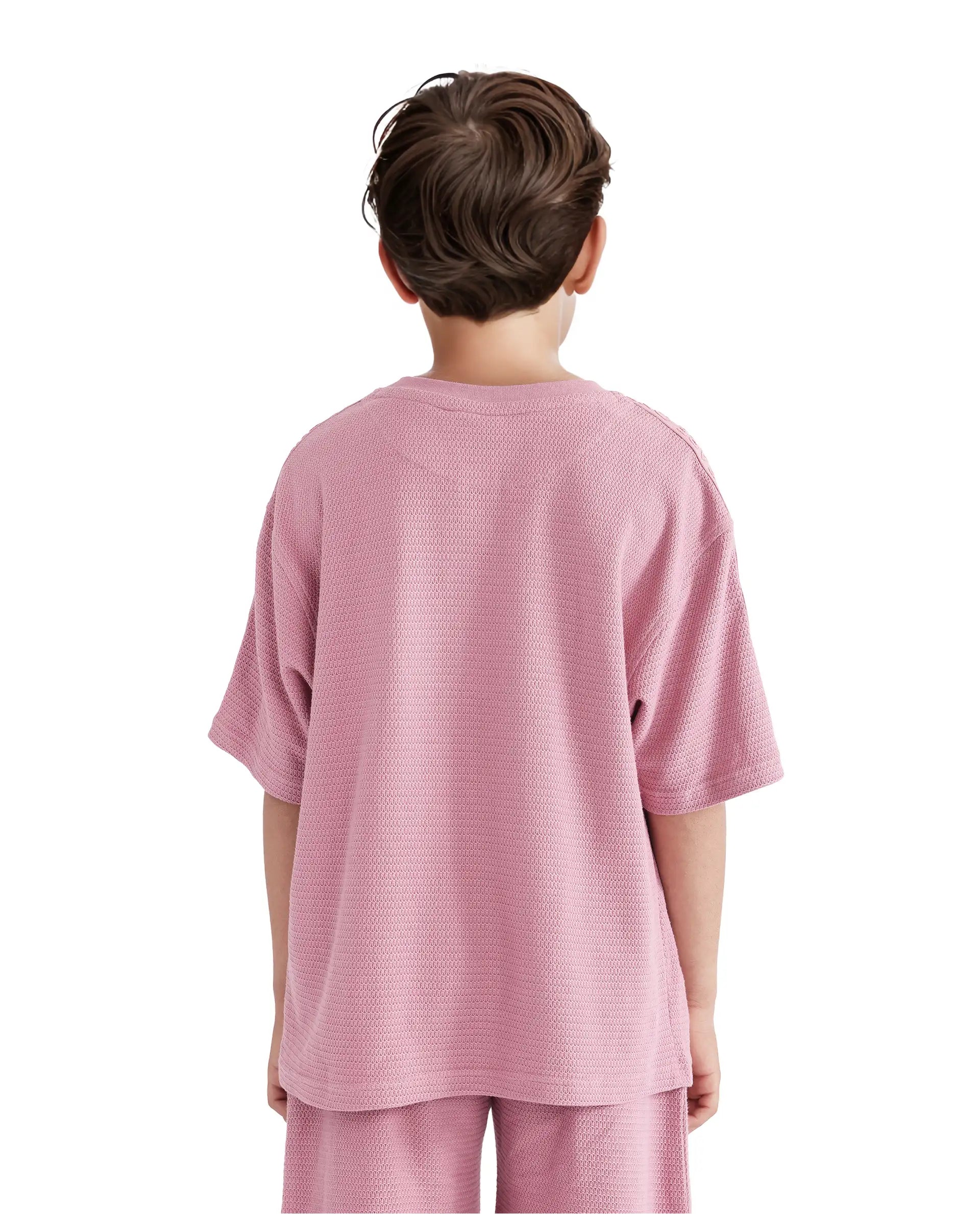 Rare Ones Kids Cols Pink Cotton Half Sleeves Crew Neck Oversized Fit Textured Solid T-Shirt