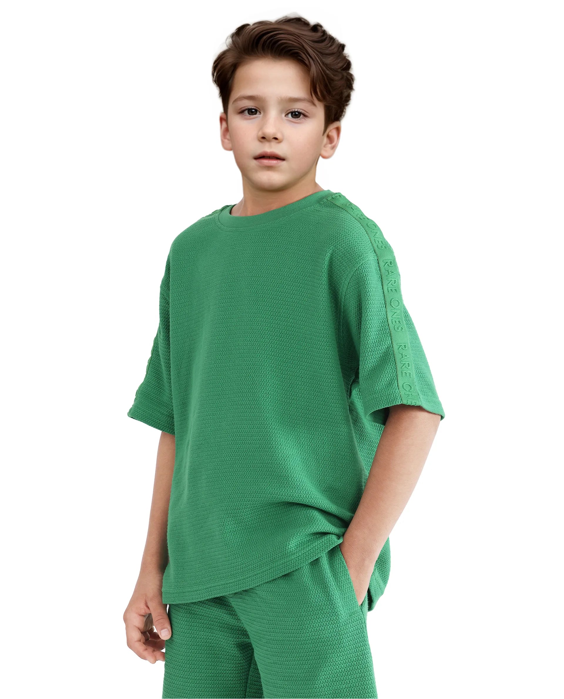 Rare Ones Kids Cols Green Cotton Half Sleeves Crew Neck Oversized Fit Textured Solid T-Shirt