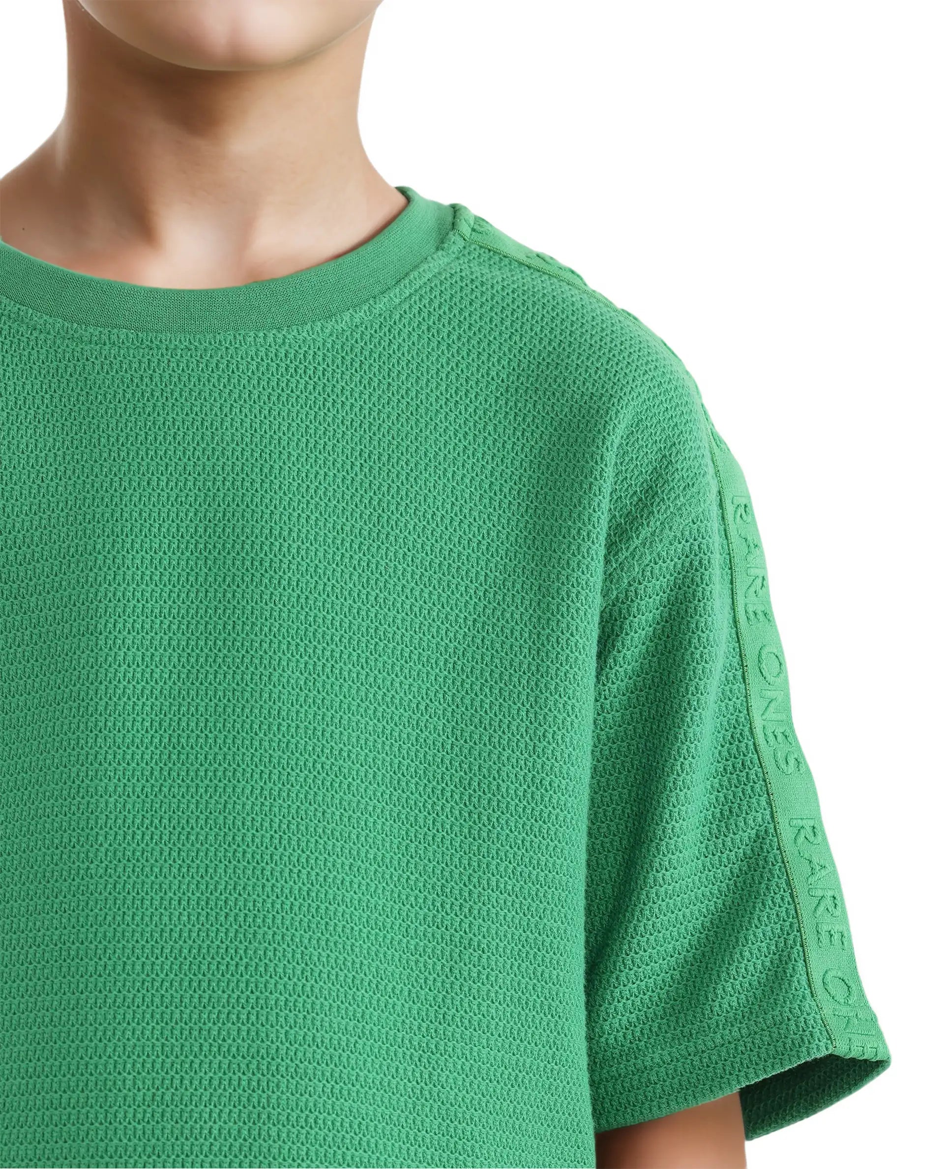 Rare Ones Kids Cols Green Cotton Half Sleeves Crew Neck Oversized Fit Textured Solid T-Shirt