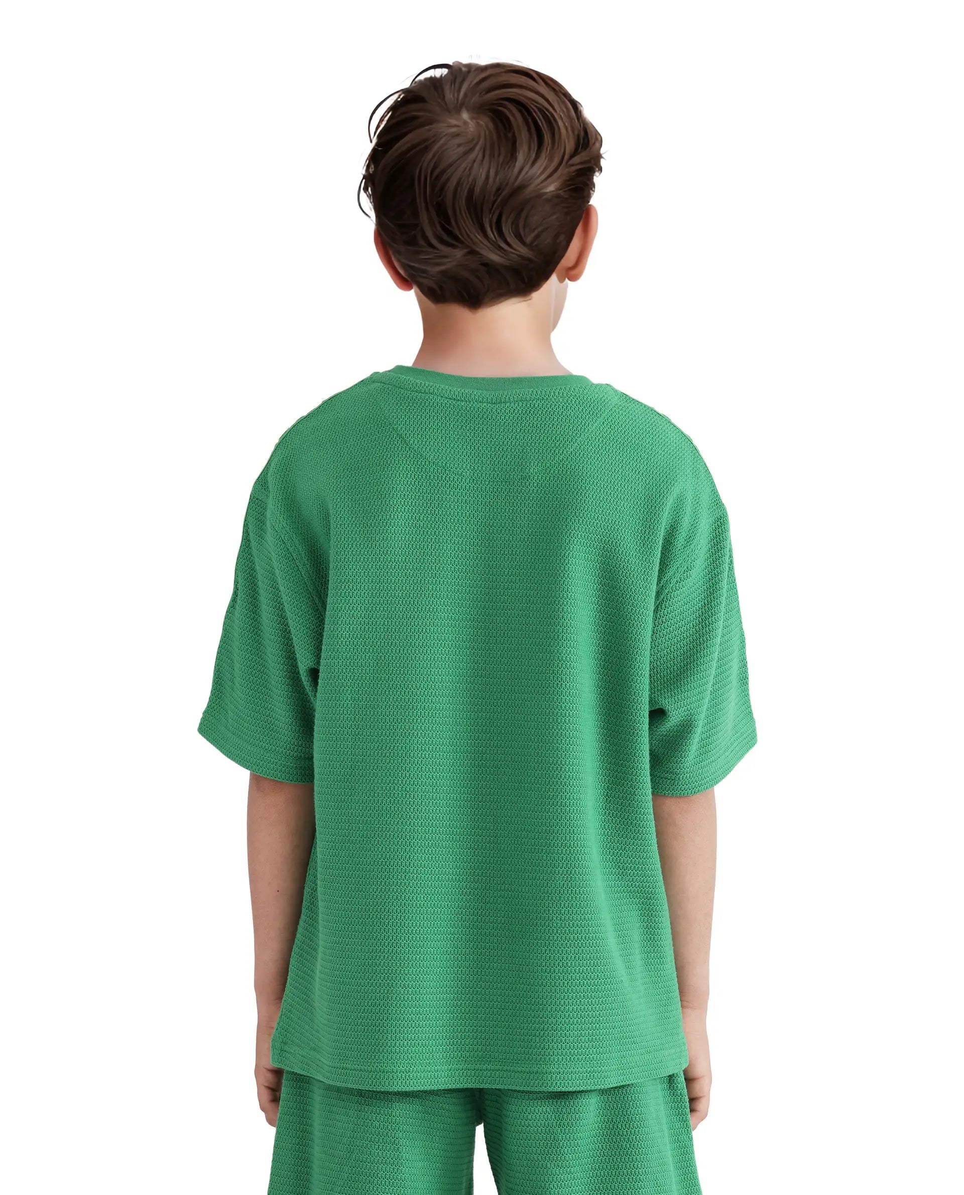Rare Ones Kids Cols Green Cotton Half Sleeves Crew Neck Oversized Fit Textured Solid T-Shirt