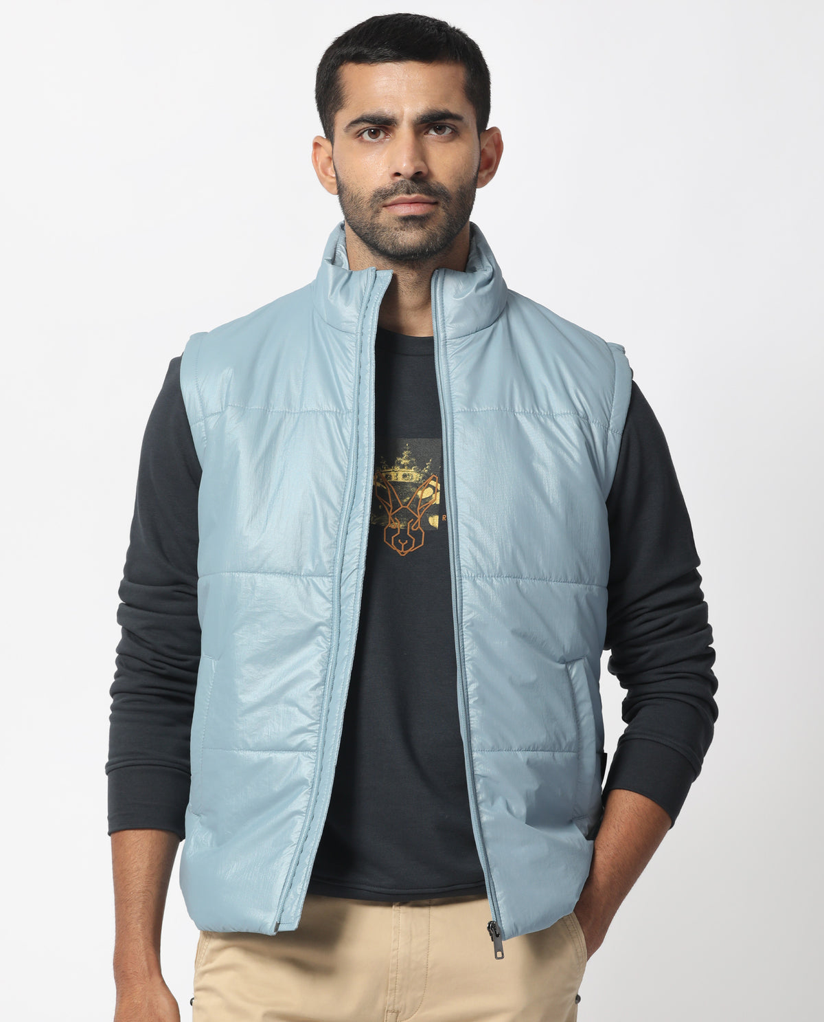 Rare Rabbit Men's Colson Light Blue Quilted High Neck Sleeveless Puffe