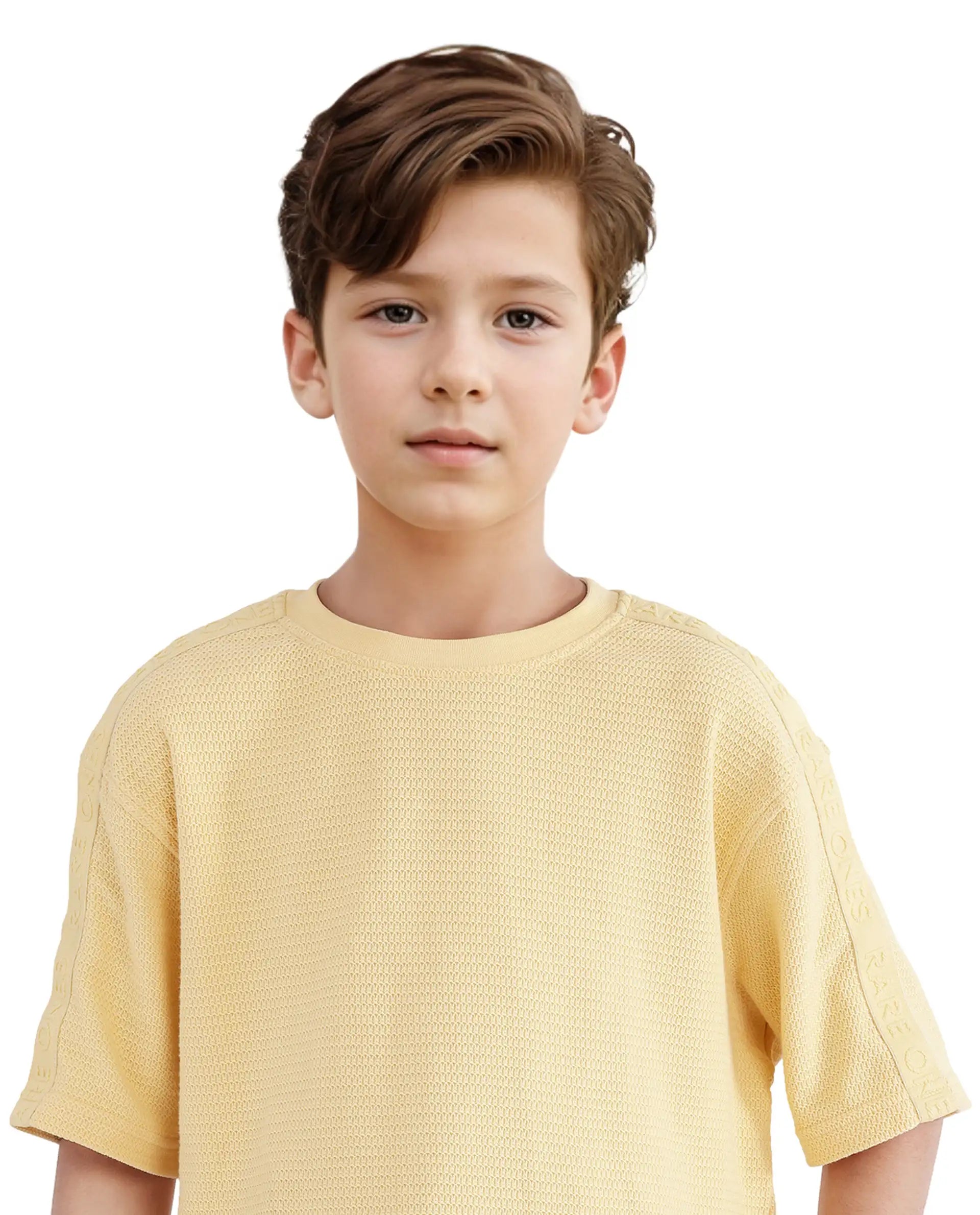 Rare Ones Kids Cols Yellow Cotton Half Sleeves Crew Neck Oversized Fit Textured Solid T-Shirt