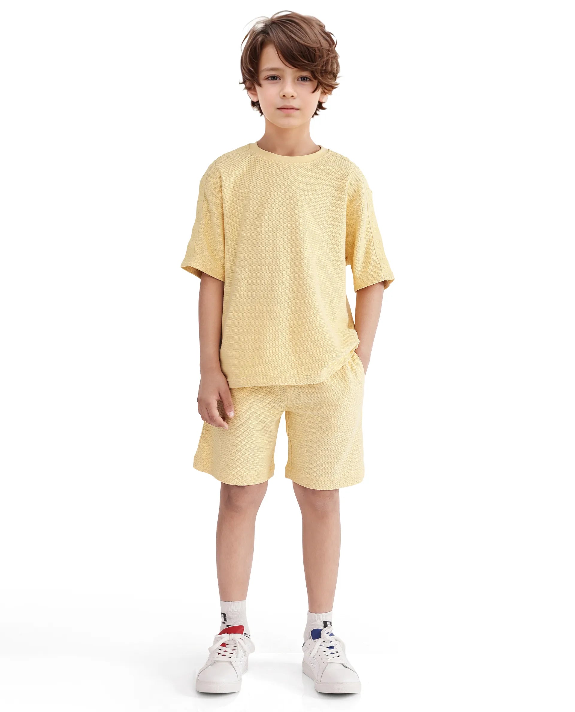 Rare Ones Kids Cols Yellow Cotton Half Sleeves Crew Neck Oversized Fit Textured Solid T-Shirt