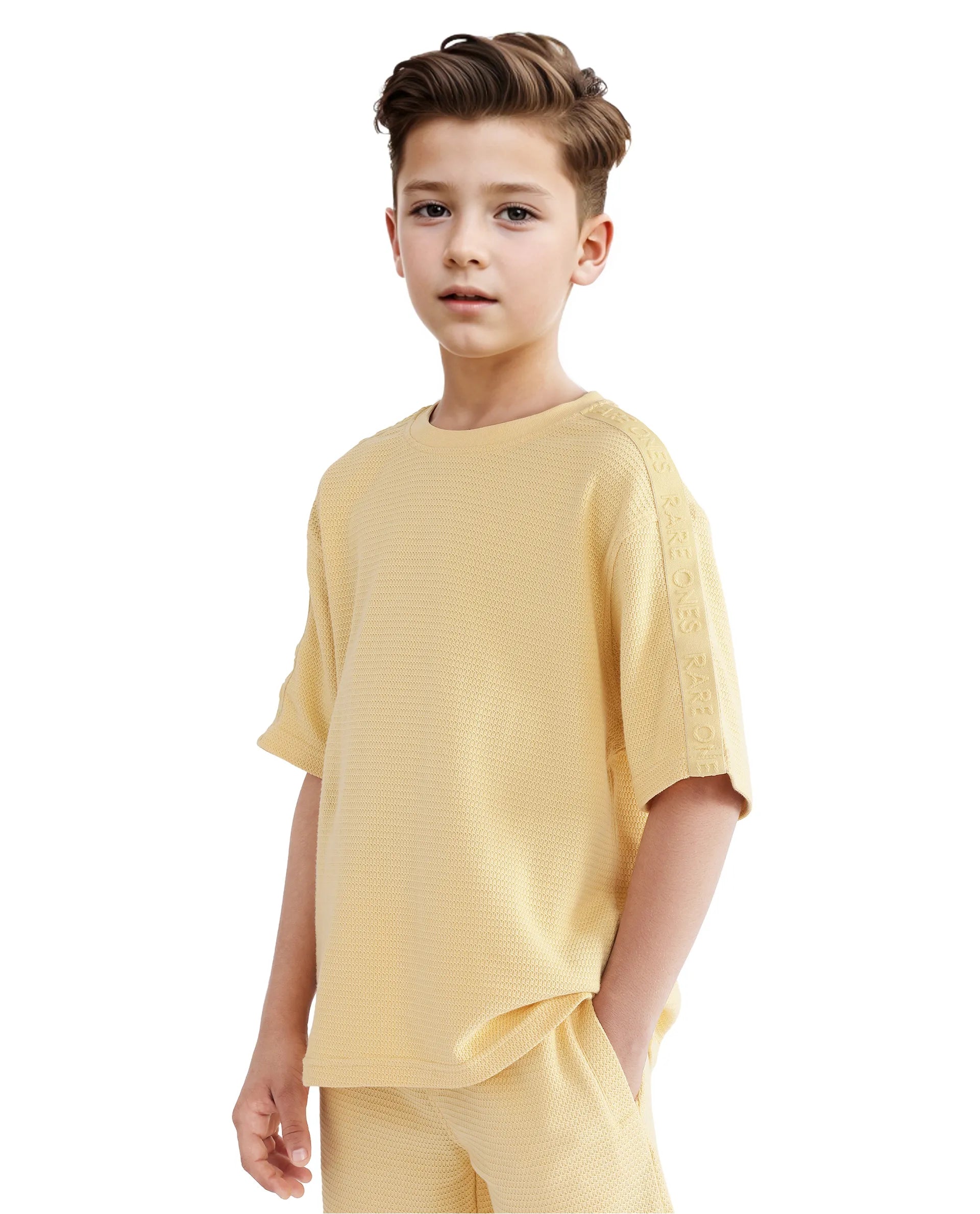 Rare Ones Kids Cols Yellow Cotton Half Sleeves Crew Neck Oversized Fit Textured Solid T-Shirt