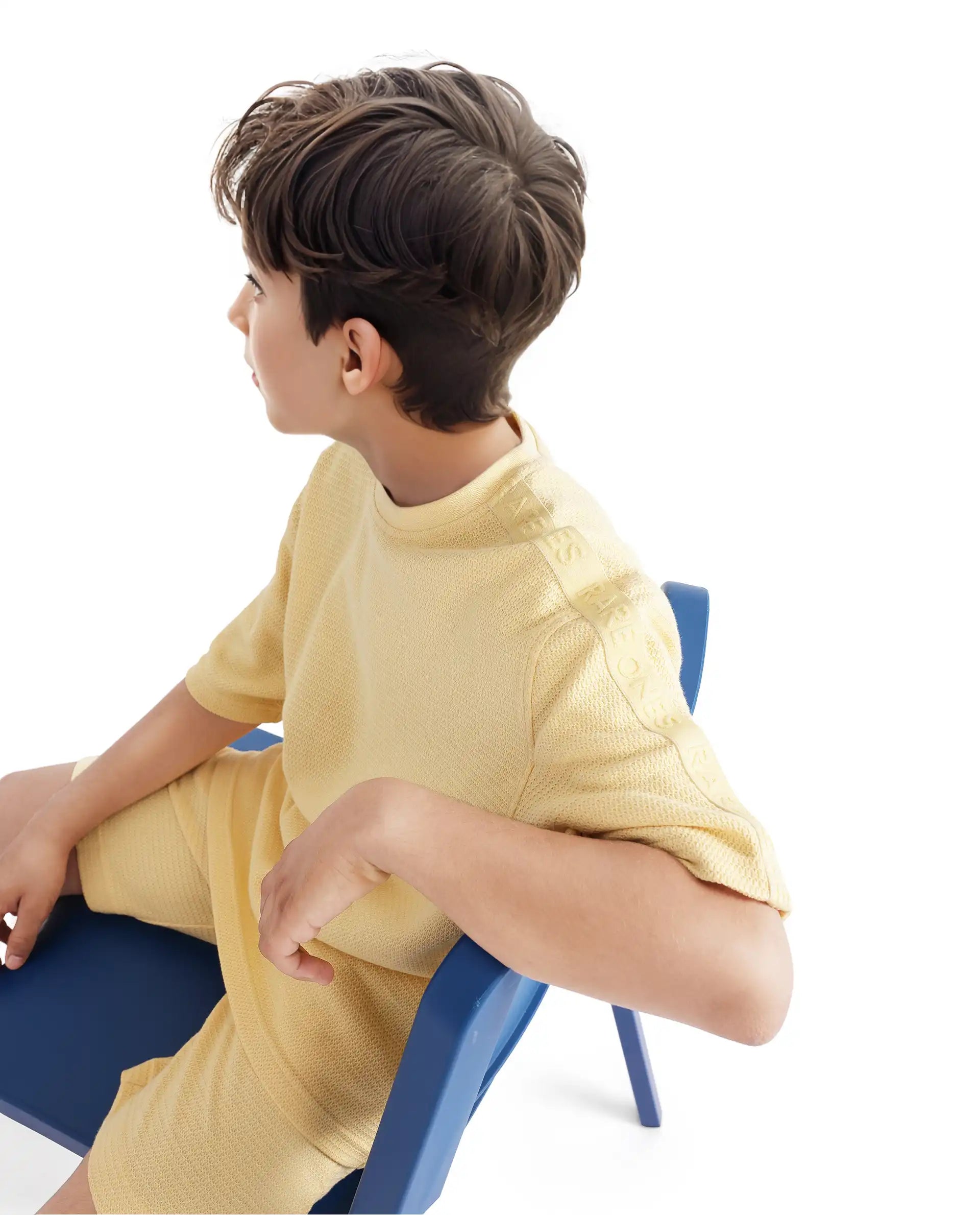 Rare Ones Kids Cols Yellow Cotton Half Sleeves Crew Neck Oversized Fit Textured Solid T-Shirt