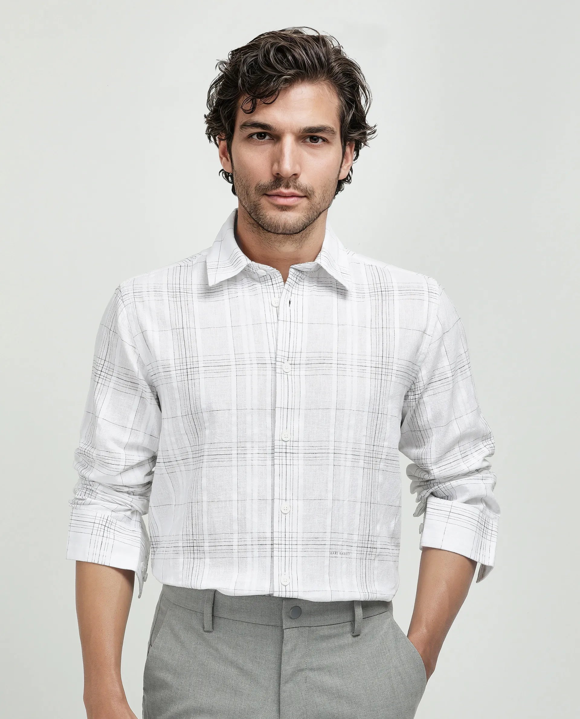 Rare Rabbit Men's Cols White Cotton Fabric Full Sleeve Spread Collar Button Closure Checked Shirt